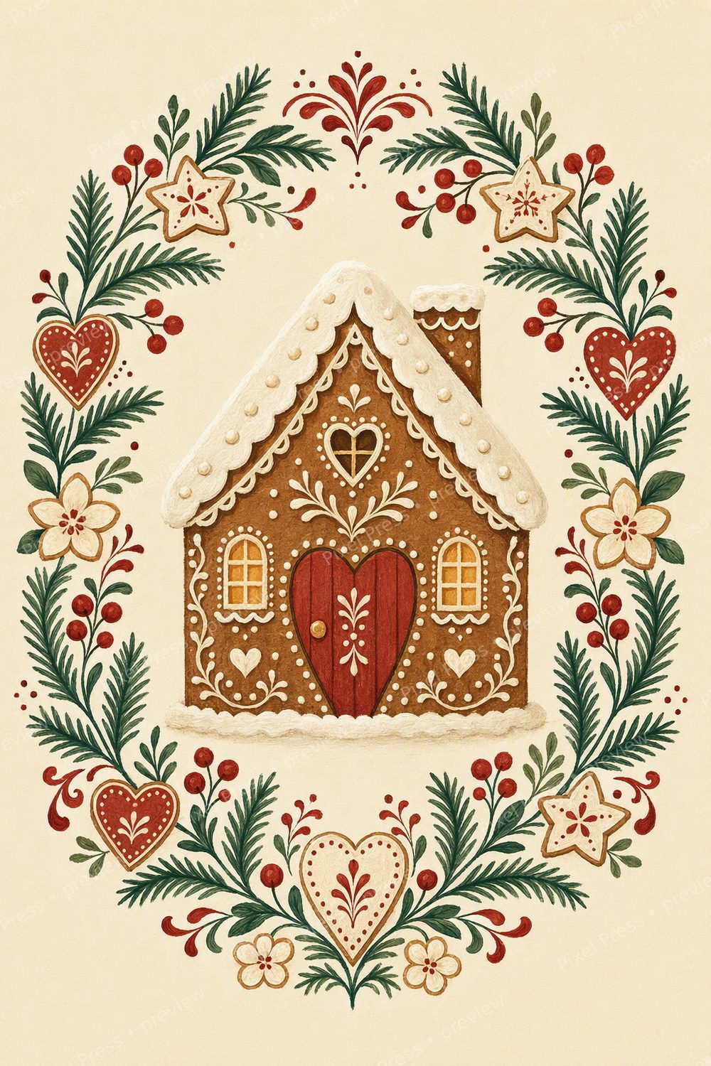 Scandinavian Christmas Kitchen Wall Art Printable Set, Nordic Gingerbread House & Baking Decor, Red Cream Folk Art Gallery Wall — artwork preview (watermarked)