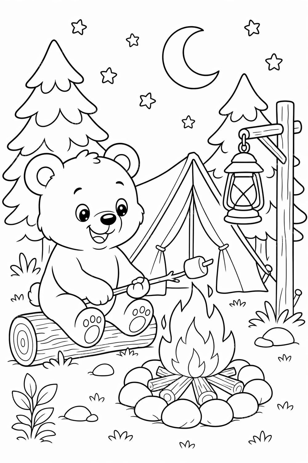 Cute Camping Woodland Animal Coloring Pages Printable Bundle for Kids, Forest Animals Camping Coloring Book Pages PDF Set — artwork preview (watermarked)