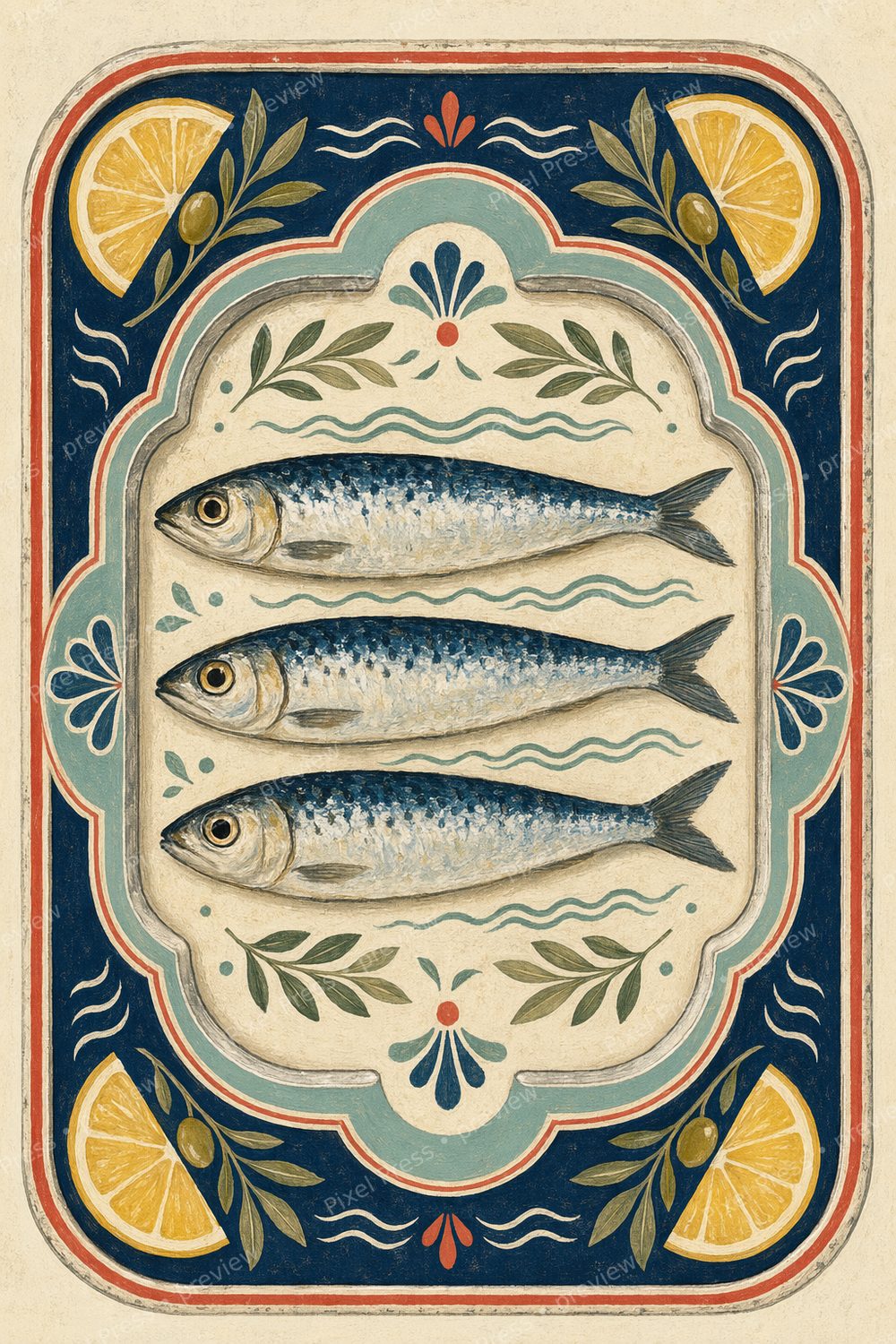 Retro Sardine Tin Wall Art Printable Set, Vintage Fish Tin Kitchen Prints, Mediterranean Coastal Kitchen Poster Bundle — artwork preview (watermarked)