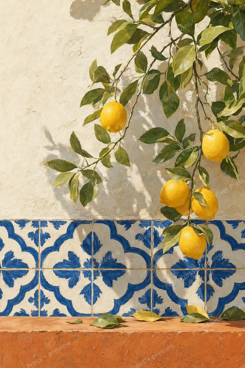 Mediterranean Lemon Wall Art Printable Set of 6, Blue Tile Coastal Kitchen Decor — artwork preview (watermarked)
