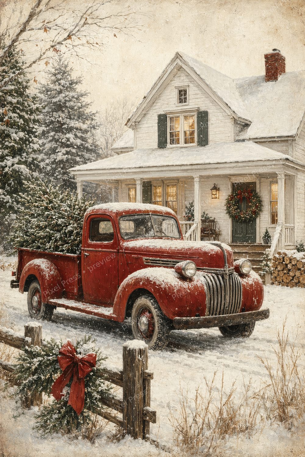 Red Truck Christmas Wall Art Printable Set, Farmhouse Christmas Wall Art Printable, Rustic Snowy Farmhouse Holiday Print Bundle — artwork preview (watermarked)