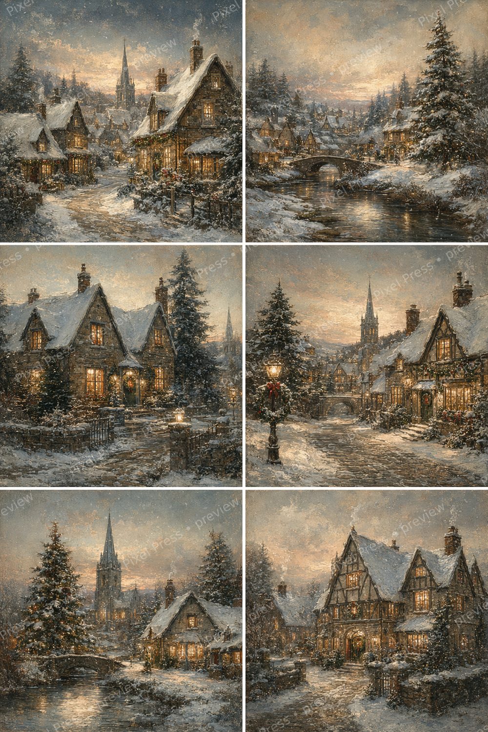 Vintage Christmas Wall Art Printable Set, Christmas Winter Landscape Printable Bundle, Nostalgic Holiday Decor Download — artwork preview (watermarked)
