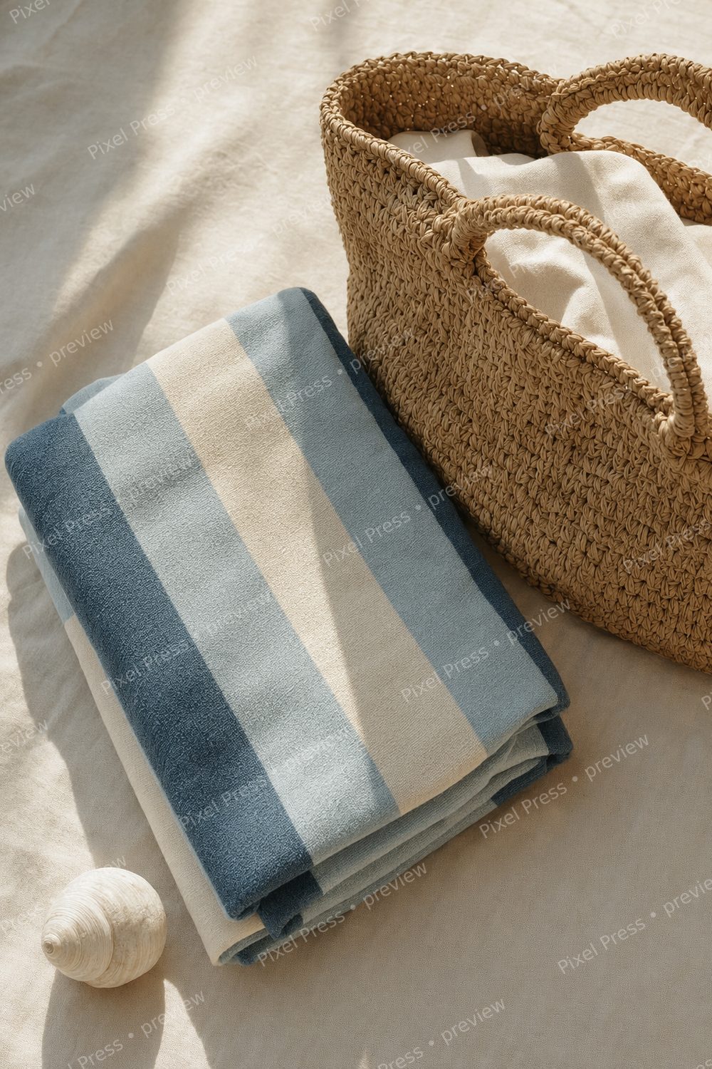Summer Coastal Wall Art Printable Set, Striped Beach Towel & Woven Tote Prints, Beach House Decor Bundle — artwork preview (watermarked)