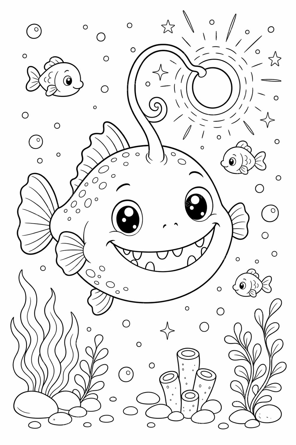 Deep Sea Animals Coloring Pages Printable | Cute Bioluminescent Ocean Kids PDF Bundle — artwork preview (watermarked)
