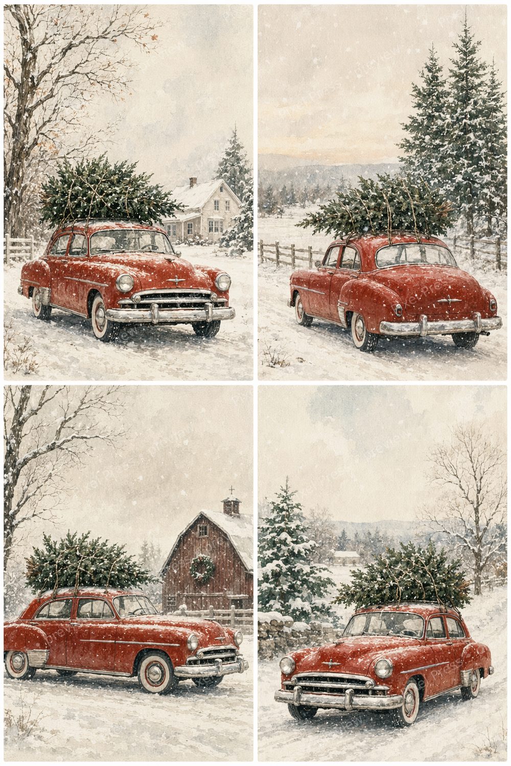 Vintage Red Car Christmas Printable Wall Art Set, Red Car With Tree Wall Art Printable, Farmhouse Christmas Gallery Wall Decor Bundle — artwork preview (watermarked)
