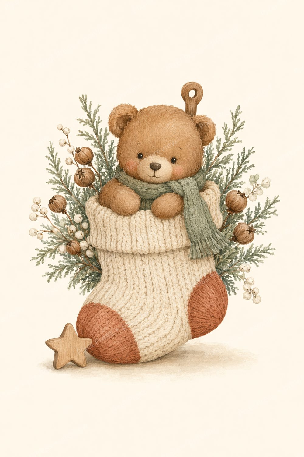 Boho Christmas Nursery Wall Art Printable Set, Neutral Teddy Bear & Woodland Decor — artwork preview (watermarked)
