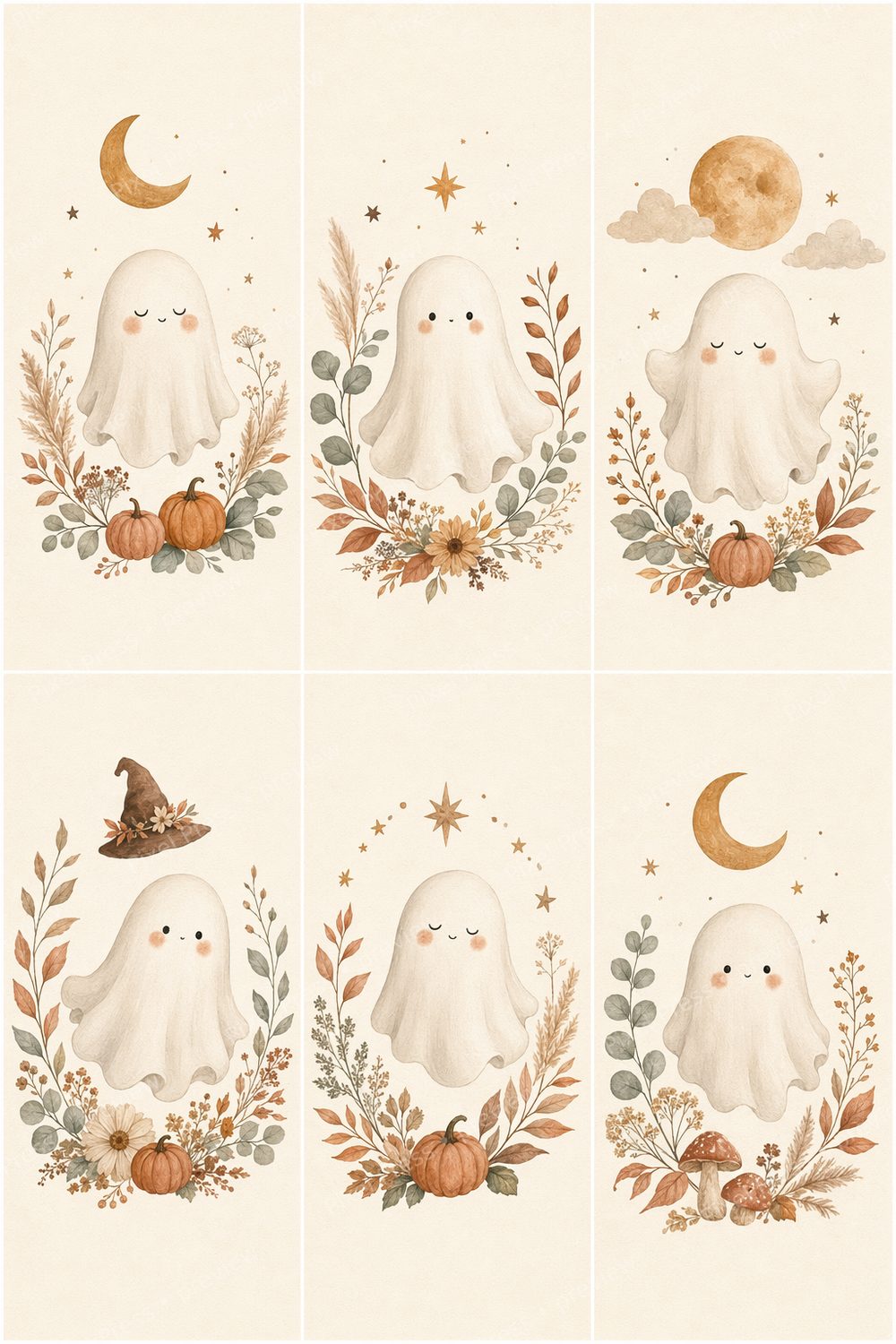 Halloween Boho Nursery Wall Art Set, Neutral Ghost & Pumpkin Prints — artwork preview (watermarked)