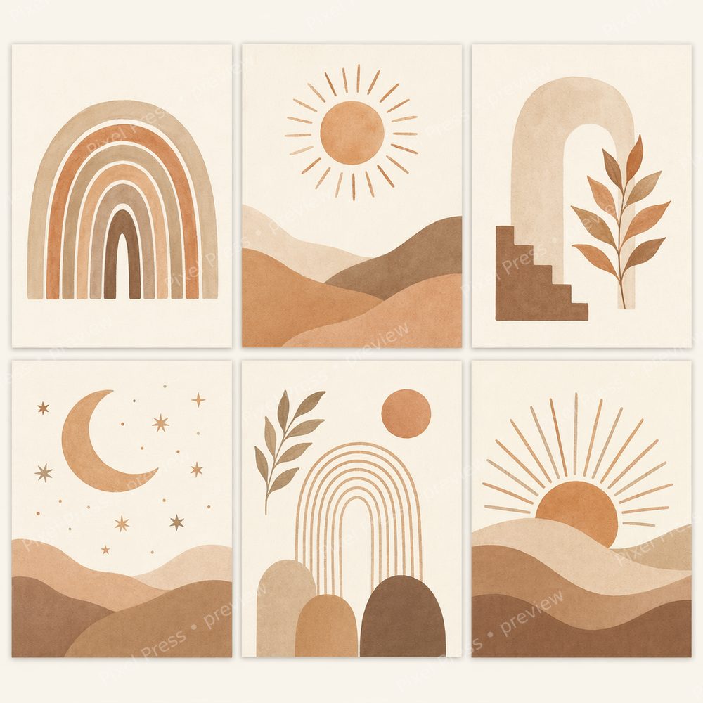 Boho Neutral Nursery Wall Art Set, Rainbow Sun Nursery Prints, Earth Tone Gender Neutral Nursery Decor, Printable Digital Download — artwork preview (watermarked)