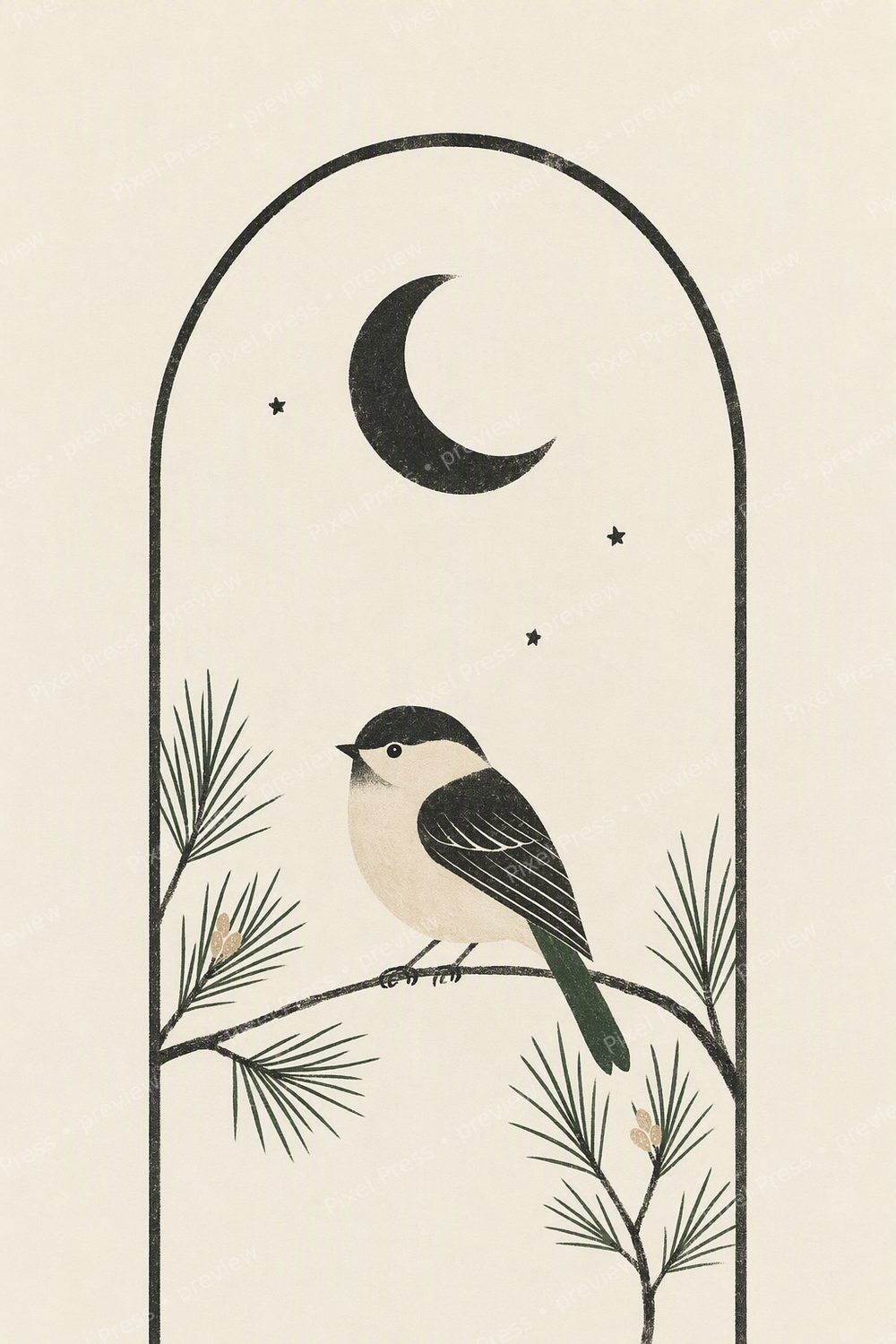 Lot de 3 Affiches Bébé Scandinave à Imprimer | Oiseaux Forêt Noir & Blanc — artwork preview (watermarked)