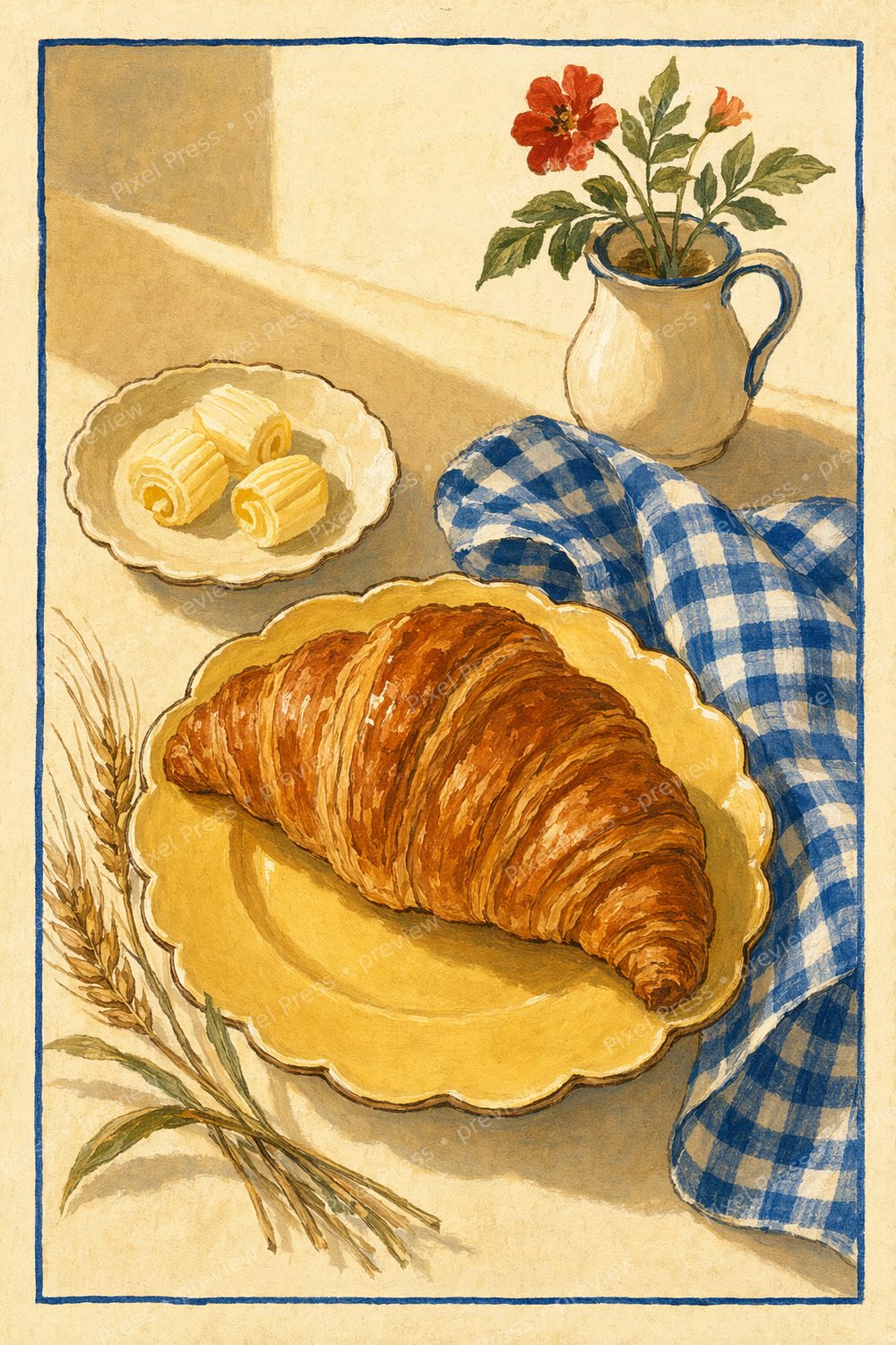 Retro French Bakery Wall Art Printable Set, Croissant & Baguette Kitchen Prints — artwork preview (watermarked)