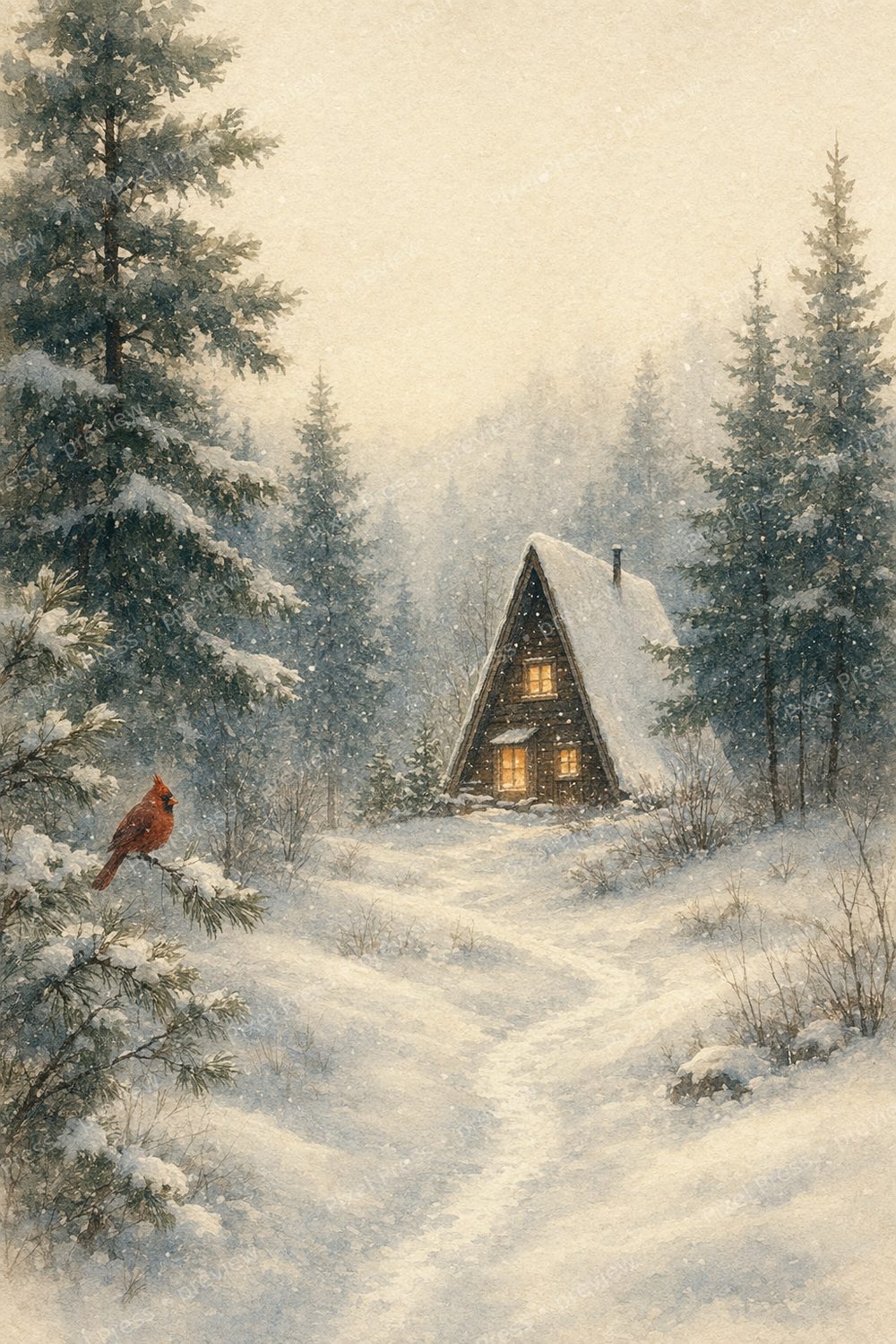 Cozy Winter Cabin Wall Art Printable Set, A-Frame Wildlife Vintage Watercolor Gallery Wall — artwork preview (watermarked)