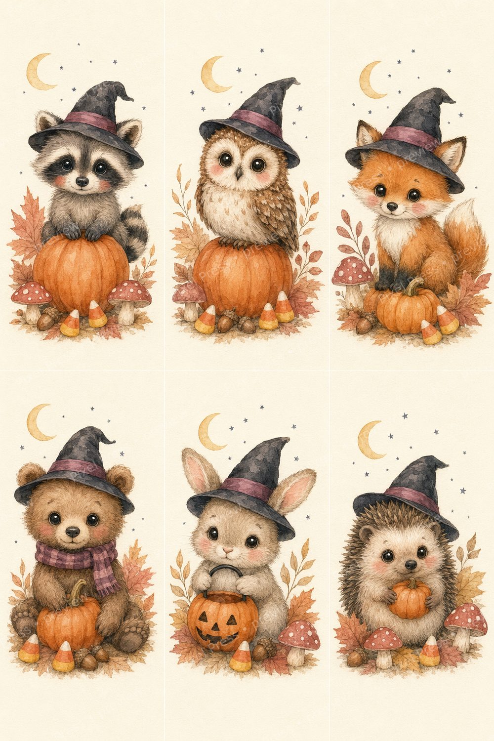Spooky Cute Raccoon Wall Art Printable Set, Watercolor Halloween Nursery Decor — artwork preview (watermarked)