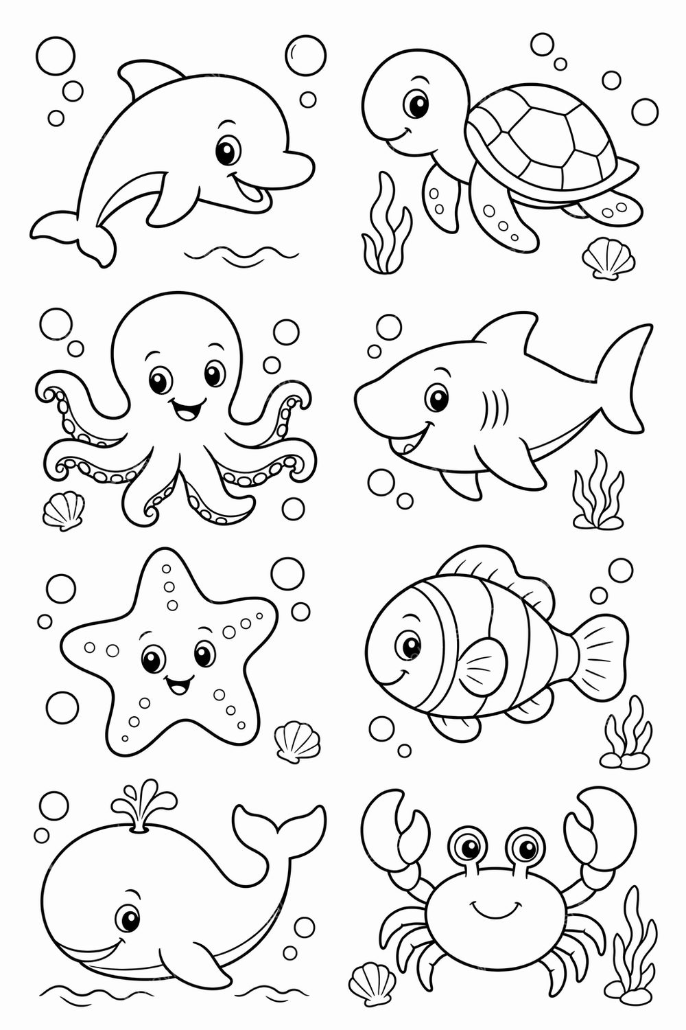 Cute Easy Ocean Animal Coloring Pages for Preschoolers Printable Bundle | 8 Sea Creature Coloring Pages PDF + PNG Pack — artwork preview (watermarked)