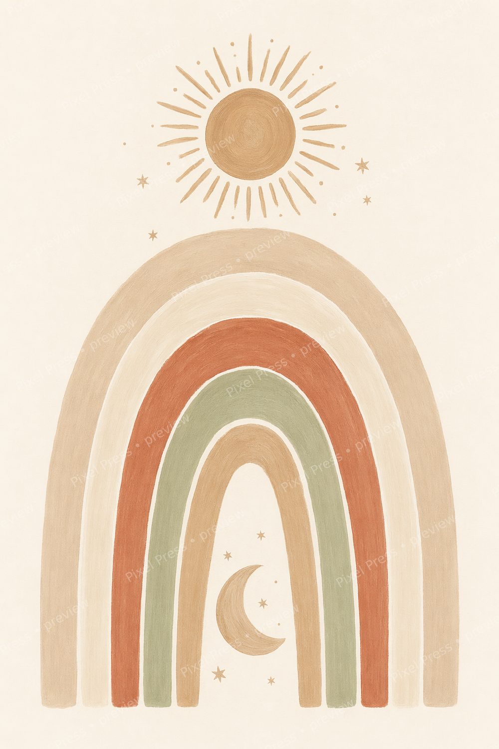 Neutral Boho Nursery Wall Art Set, Gender Neutral Nursery Prints, Boho Rainbow Sun Moon Arch Printable Bundle — artwork preview (watermarked)