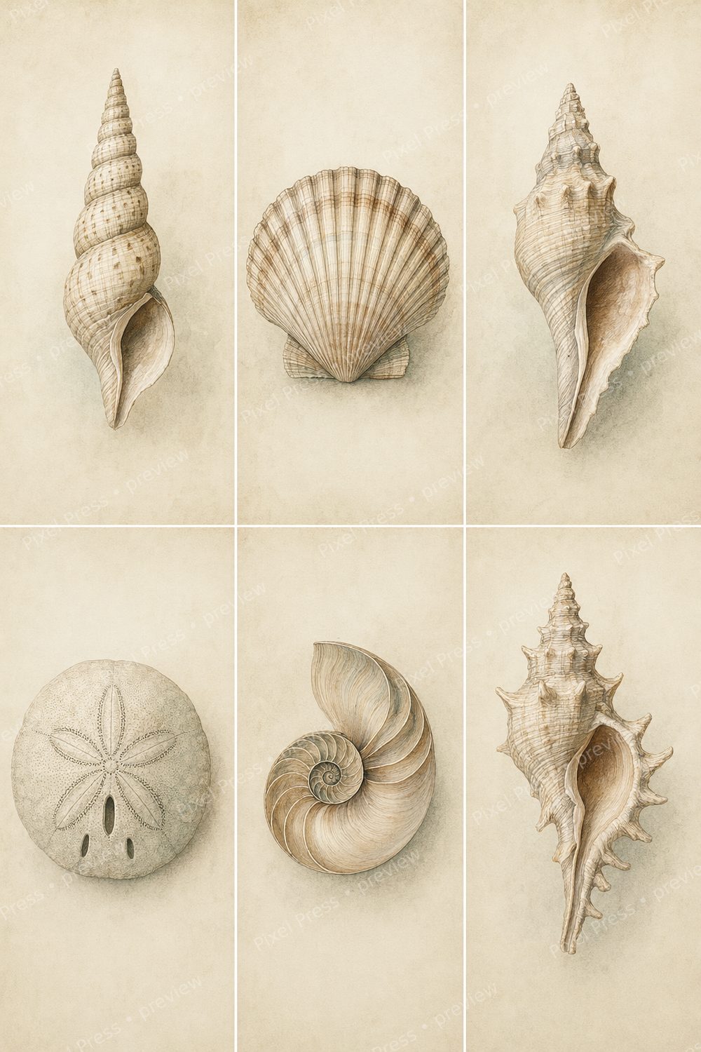 Neutral Vintage Coastal Wall Art Set Printable, Vintage Seashell & Coral Gallery Wall Art, Beach House Bathroom Decor Digital Download — artwork preview (watermarked)