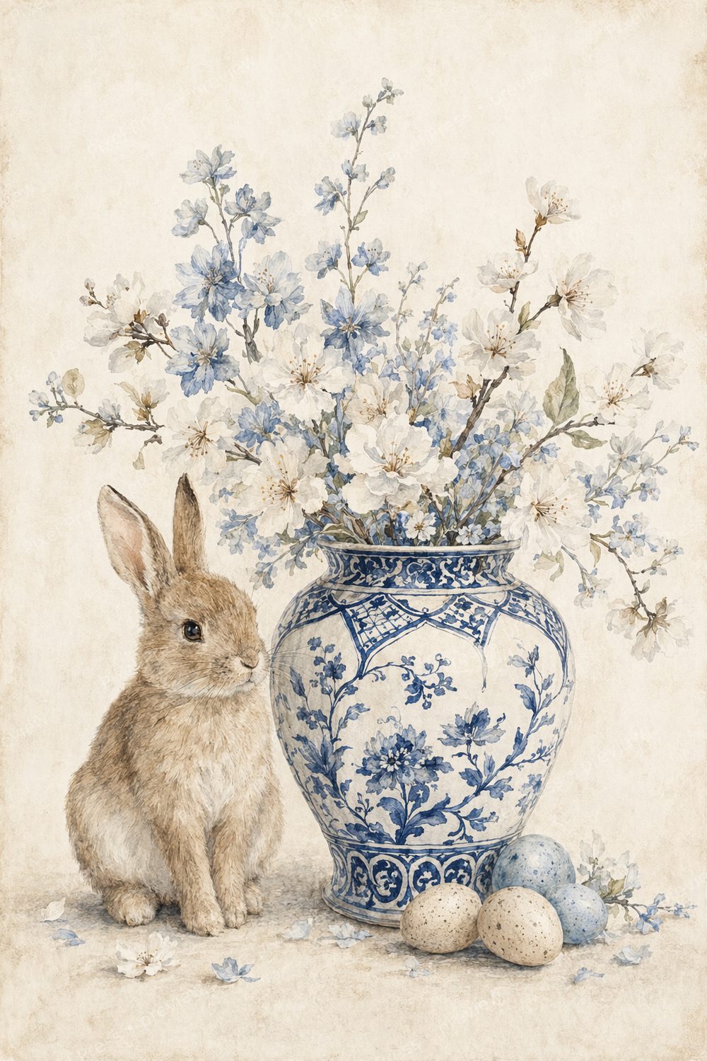 Easter Bunny Chinoiserie Printable Wall Art Set, Blue and White Ginger Jar Watercolor Prints, Grandmillennial Spring Decor Bundle — artwork preview (watermarked)