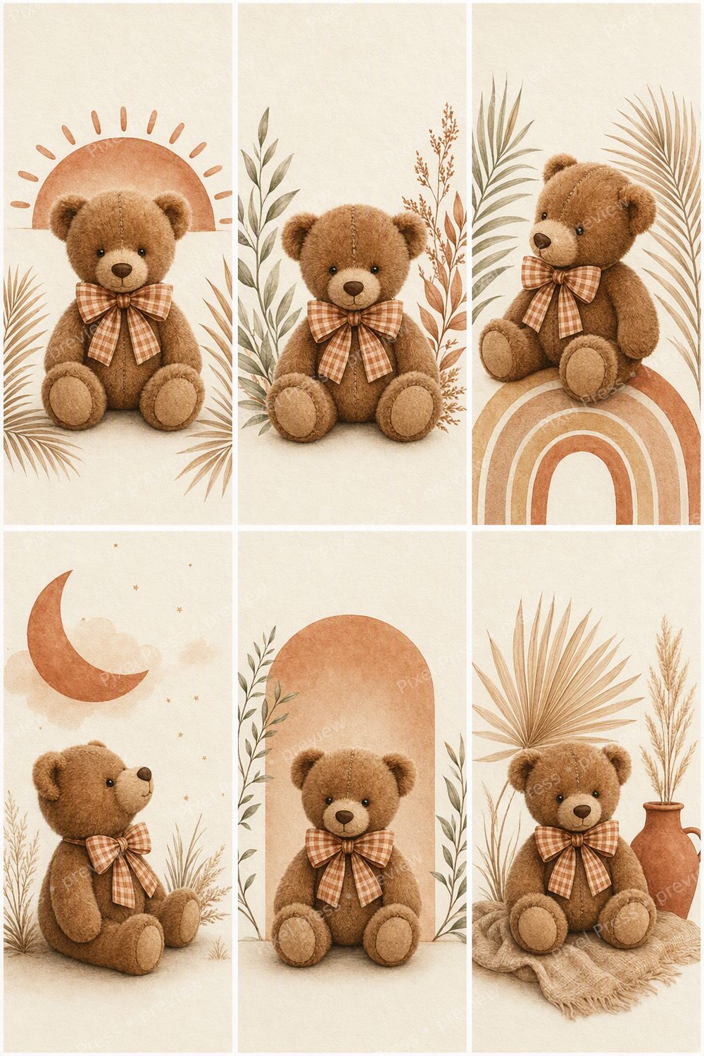 Terracotta Teddy Bear Nursery Wall Art Printable Set, Boho Neutral Bear Decor — artwork preview (watermarked)