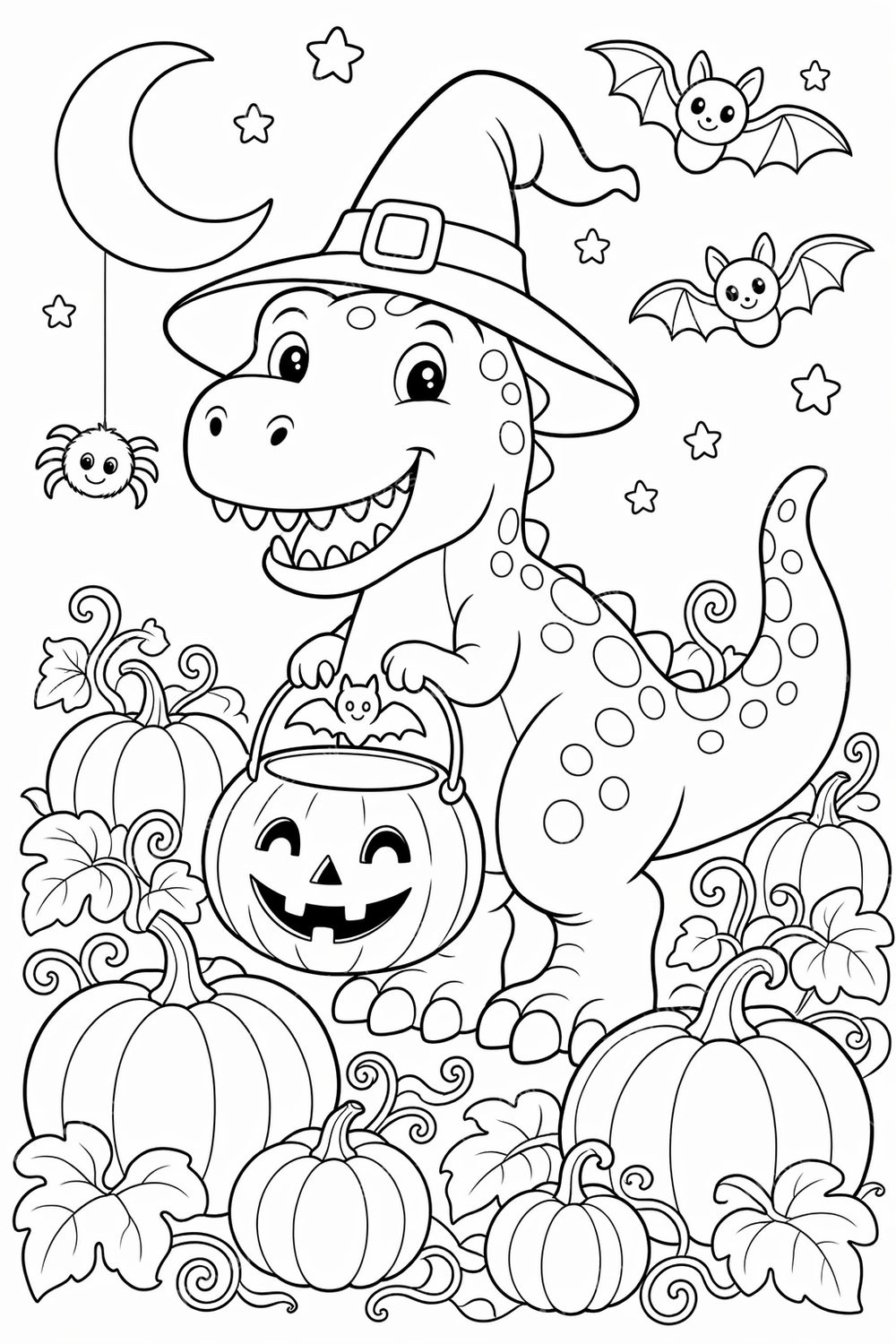 Dinosaur Halloween Coloring Pages Printable | Spooky Cute Dino PDF Pack for Kids Ages 4–8 — artwork preview (watermarked)