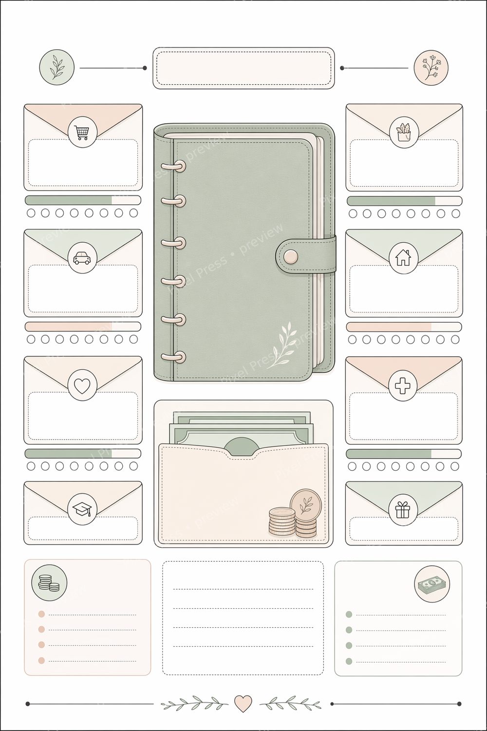 Minimalist Cash Stuffing Budget Binder Printable Set, A5 & Letter Budget Planner PDF, Savings Tracker, Debt Payoff & Bill Tracker — artwork preview (watermarked)