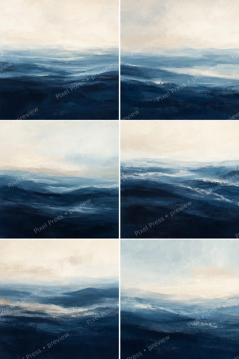 Indigo Ocean Wave Wall Art Printable Set of 6, Modern Coastal Abstract Triptych Bundle — artwork preview (watermarked)