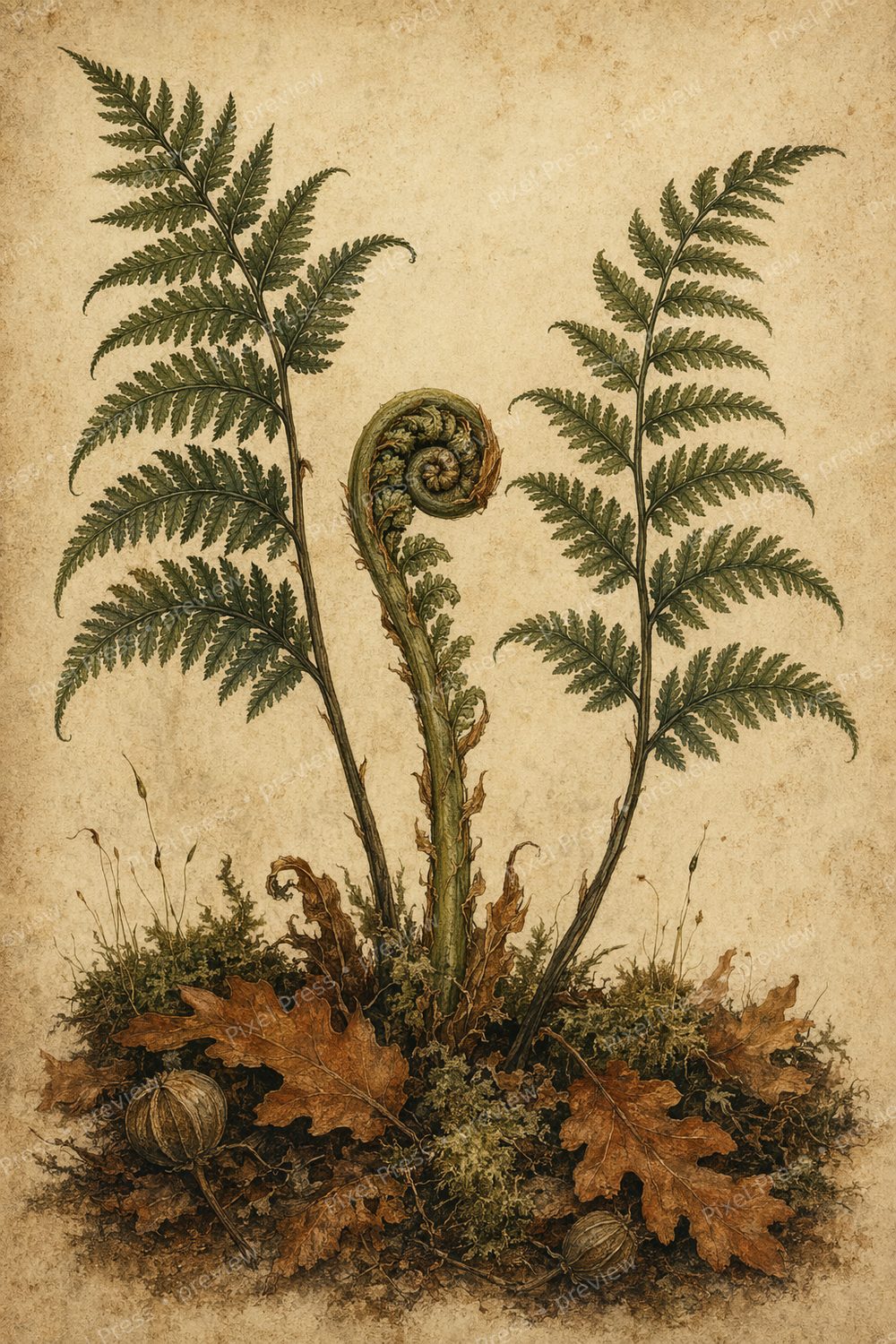 Moody Fall Botanical Wall Art Printable Set, Vintage Mushroom Fern Gallery Prints — artwork preview (watermarked)