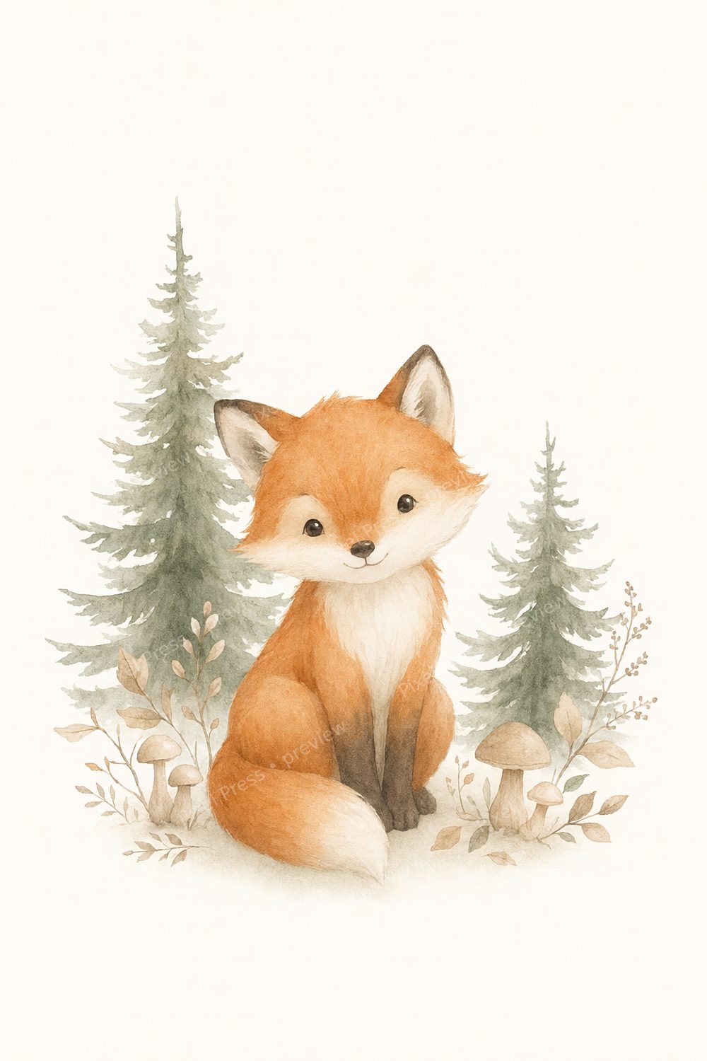 Quadros Decorativos Infantil Bosque Escandinavo em Aquarela Suave | Kit 6 Artes para Quarto de Bebê e Criança — artwork preview (watermarked)