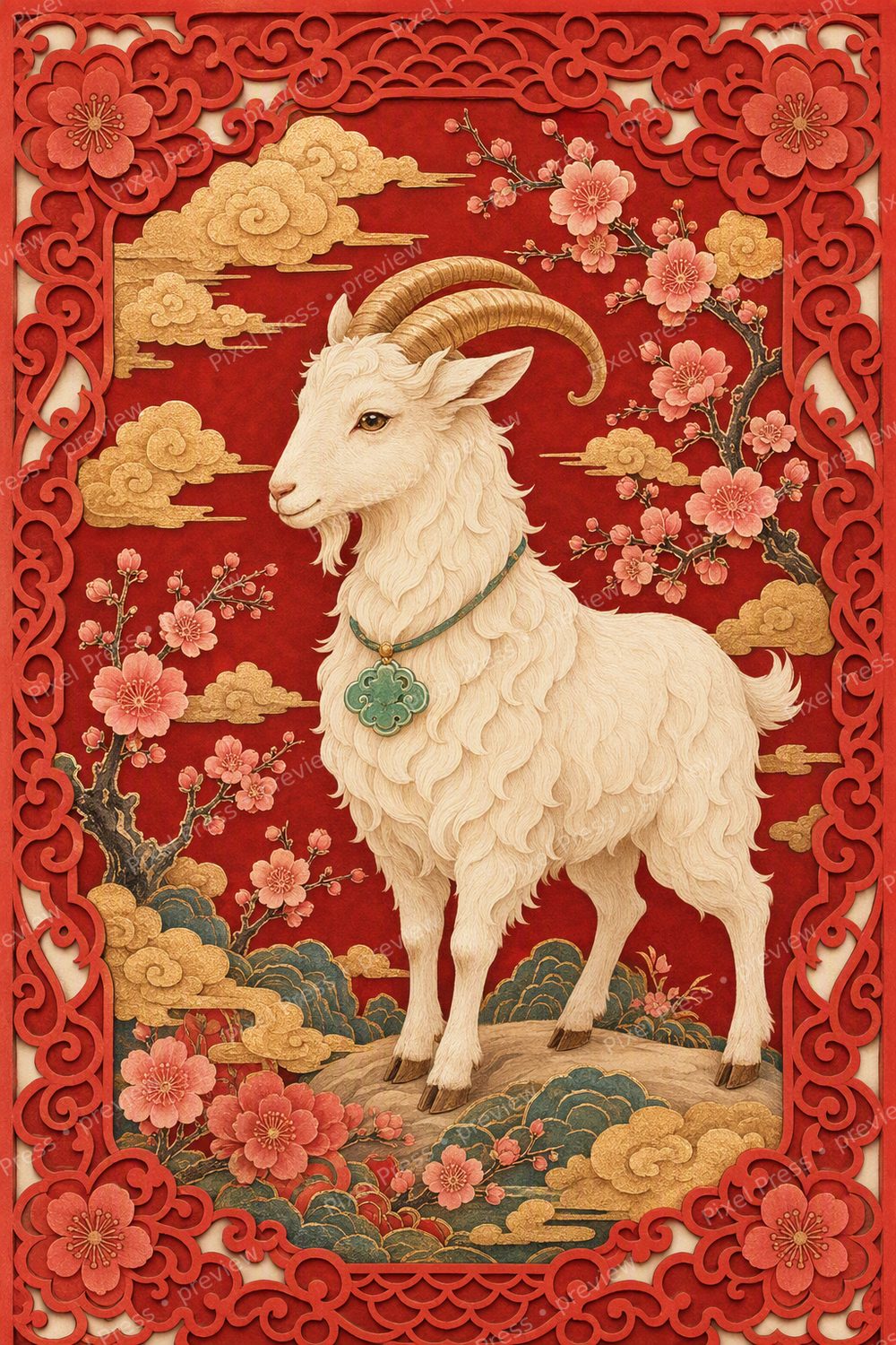 Year of the Goat Wall Art Printable Set, 2027 Lunar New Year Red Gold Decor — artwork preview (watermarked)