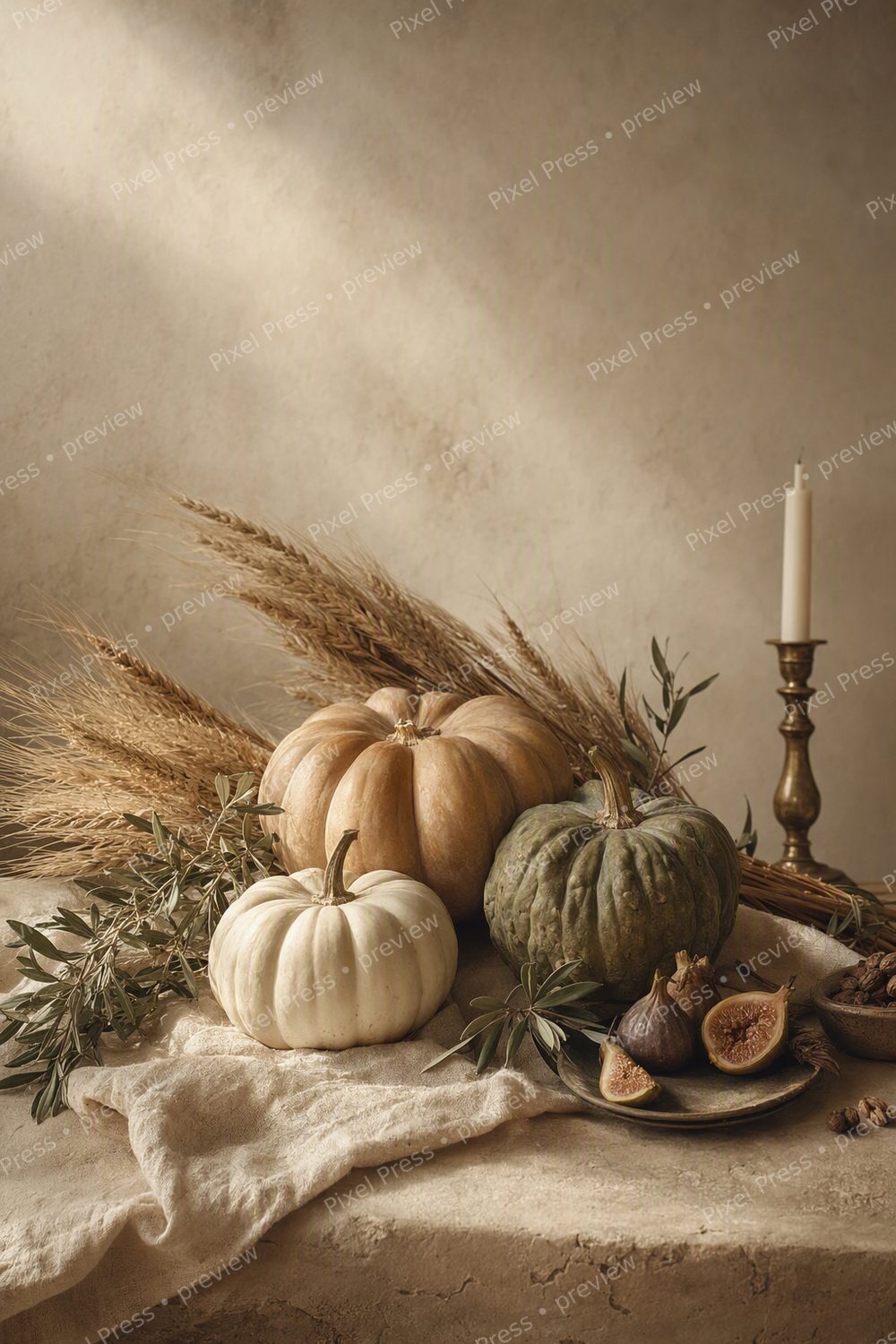 Neutral Thanksgiving Wall Art Printable Set, Harvest Still Life Decor — artwork preview (watermarked)