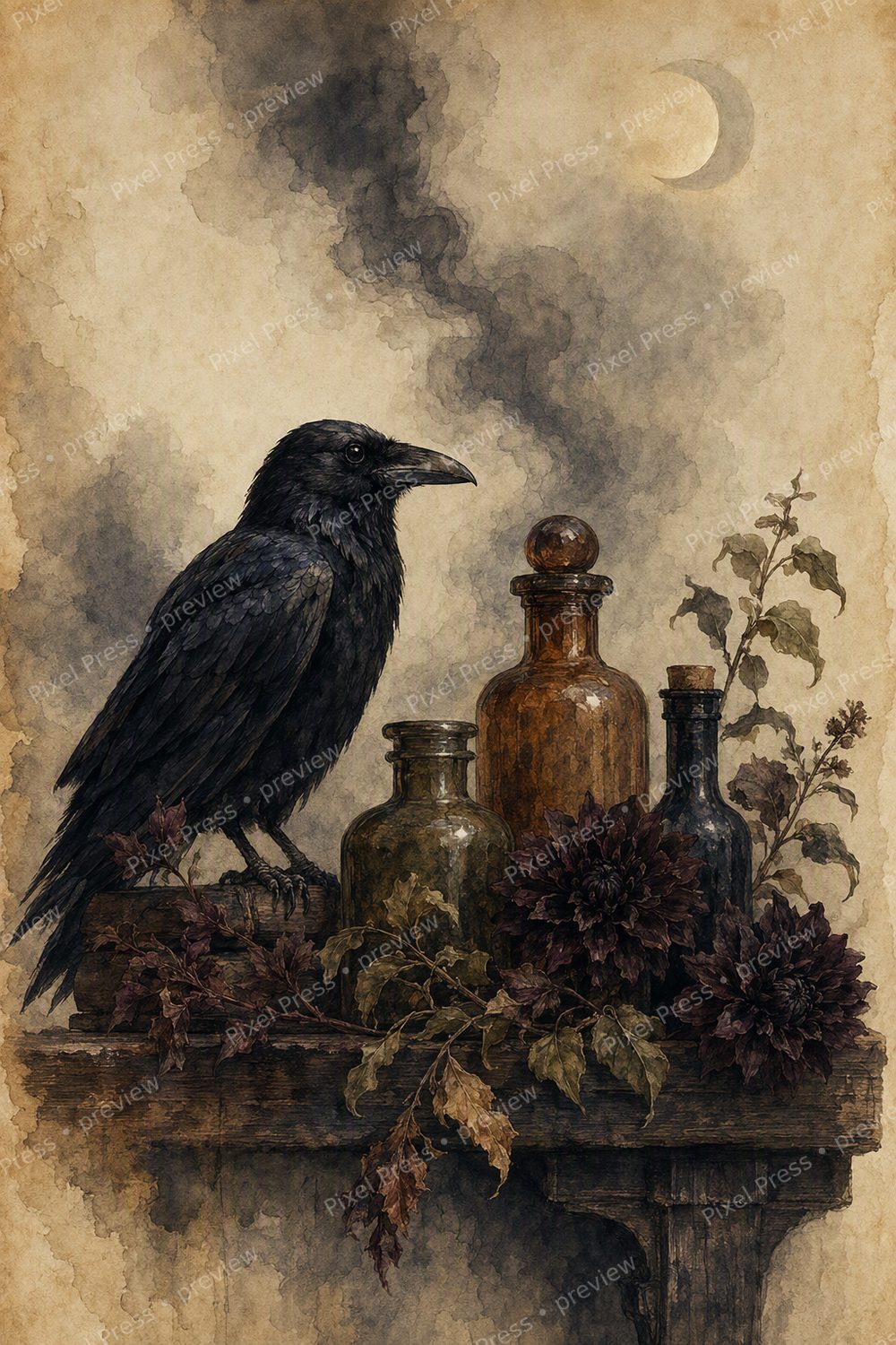 Witchy Apothecary Wall Art Printable Set, Dark Academia Halloween Decor — artwork preview (watermarked)