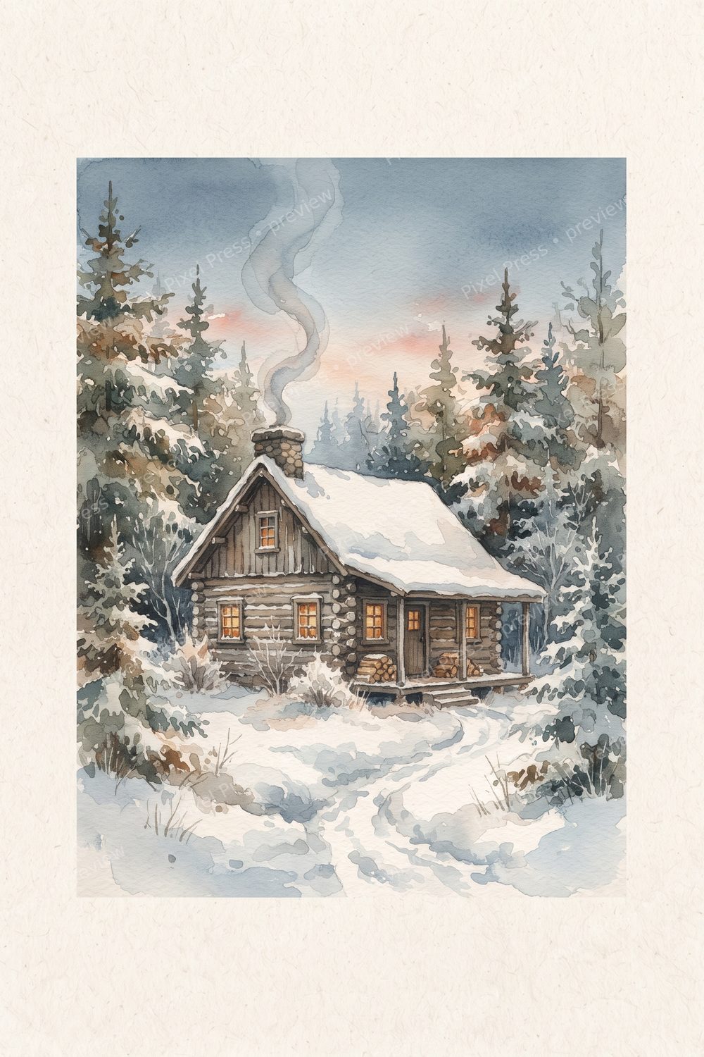 Cozy Winter Cabin Wall Art Set - Vintage Watercolor Snowy Cabin & Pine Tree Prints Gallery Wall Decor (6-Piece Digital Download) — artwork preview (watermarked)