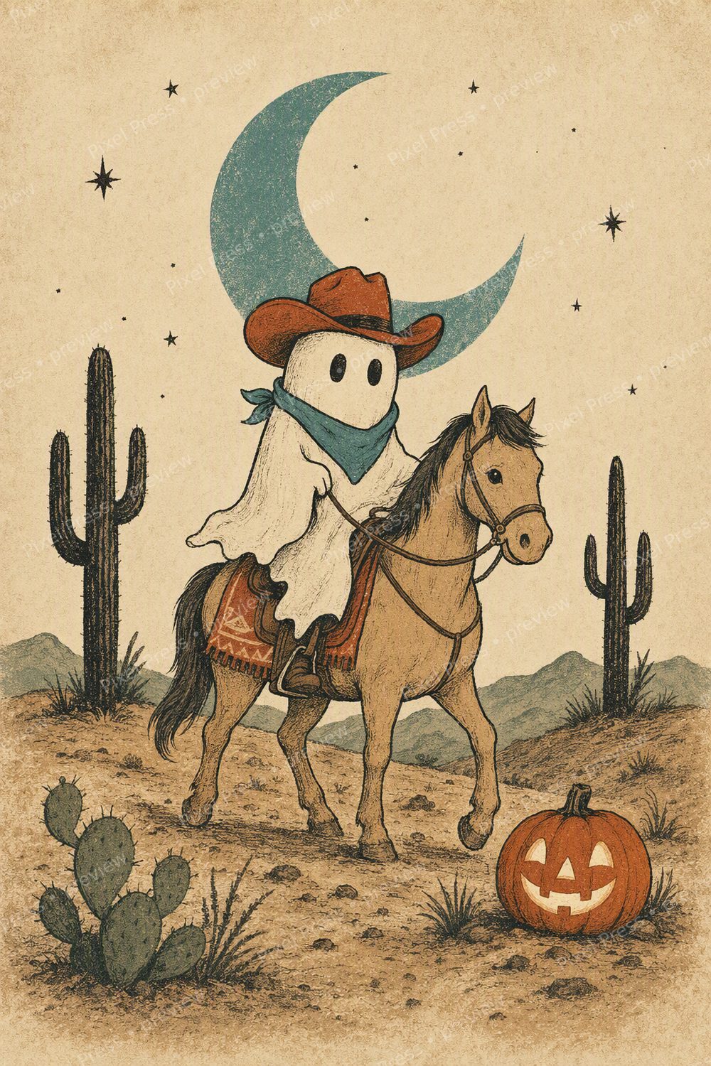 Western Halloween Wall Art Printable Set, Ghost Cowboy Cowgirl Decor — artwork preview (watermarked)