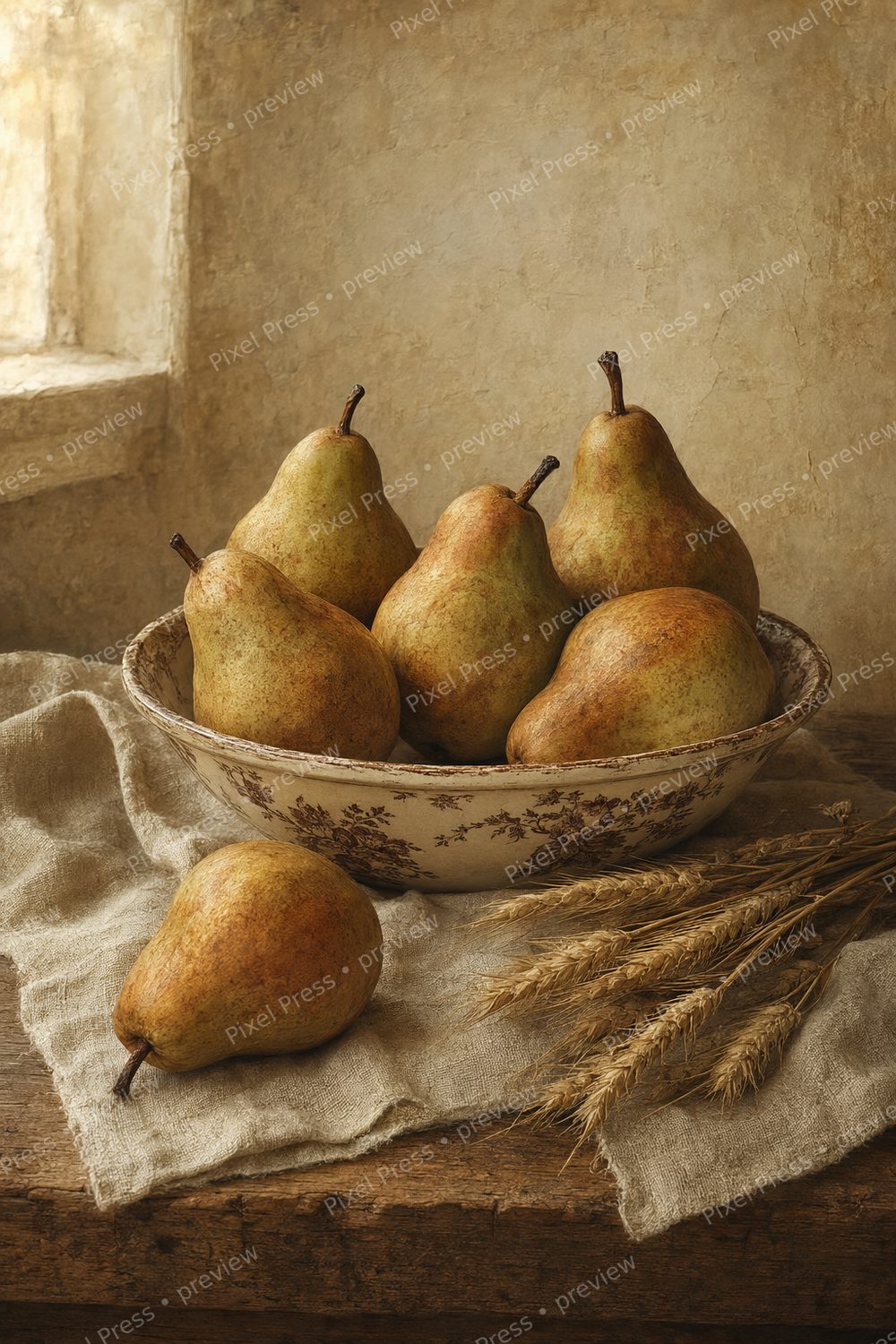 Neutral Thanksgiving Wall Art Printable Set, Harvest Still Life & Brown Transferware Decor — artwork preview (watermarked)