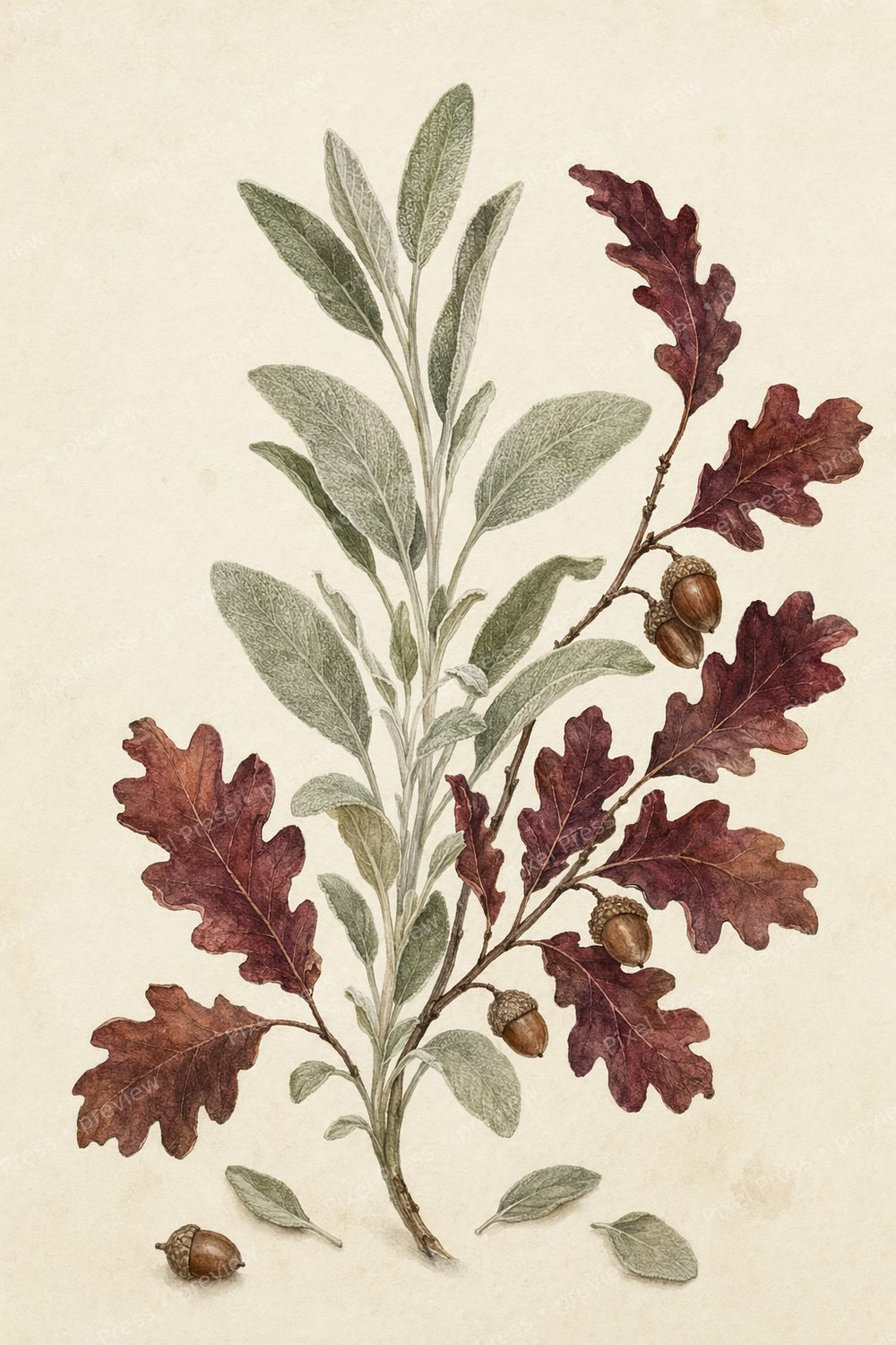 Autumn Botanical Kitchen Wall Art Printable Set, Watercolor Sage Thyme Rosemary & Oak Leaves — artwork preview (watermarked)