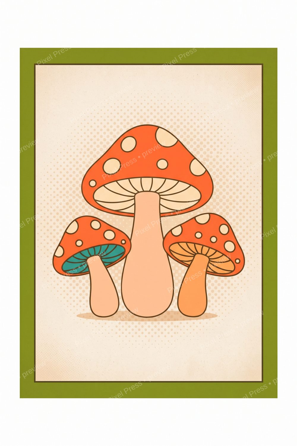 Retro Kitchen Wall Art Printable Set - Groovy Mushroom & Vintage Checkerboard Coffee Prints (5-Piece Gallery Wall Bundle) — artwork preview (watermarked)