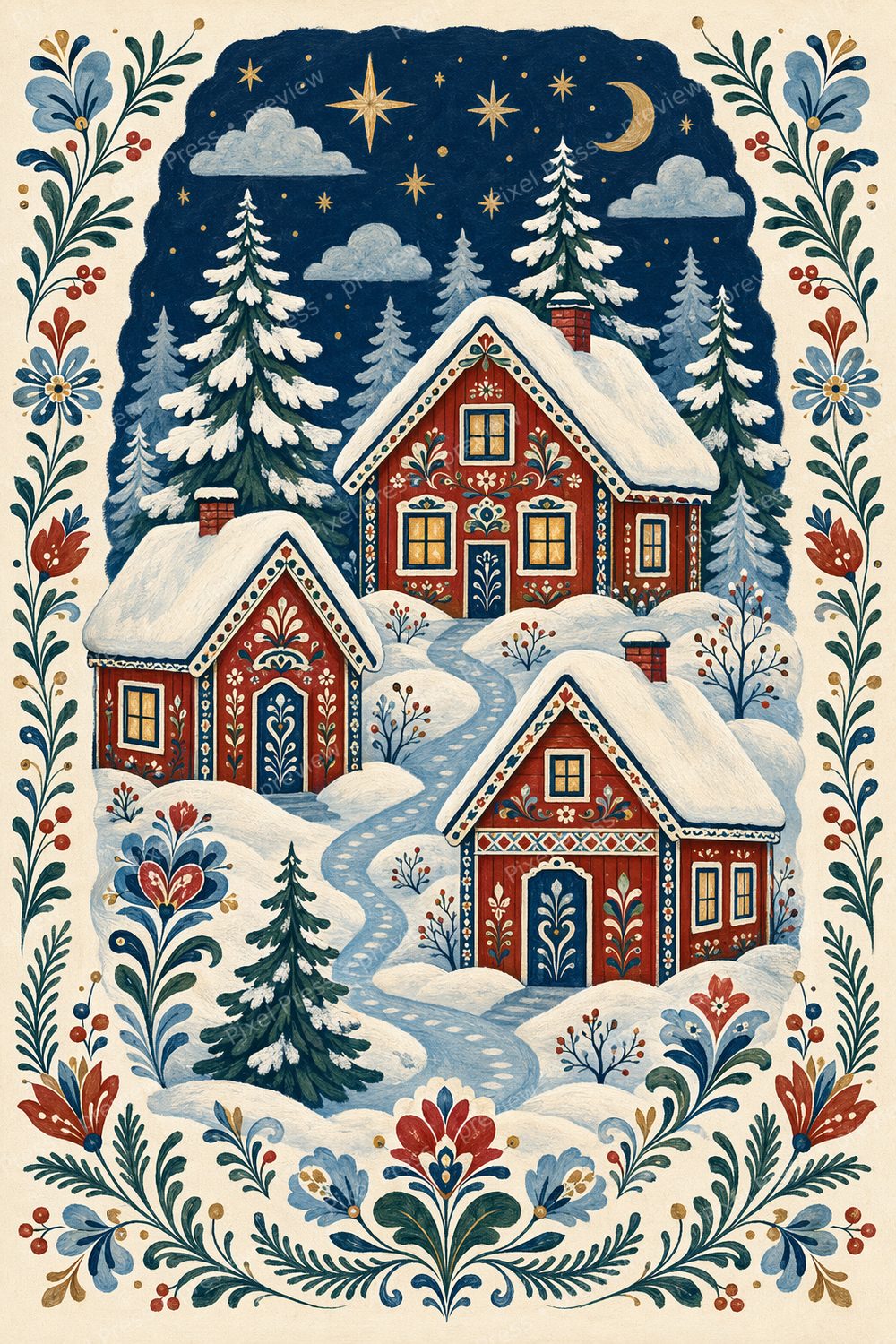 Scandinavian Folk Art Winter Wall Art Printable Set, Nordic Village & Dala Horse Prints — artwork preview (watermarked)