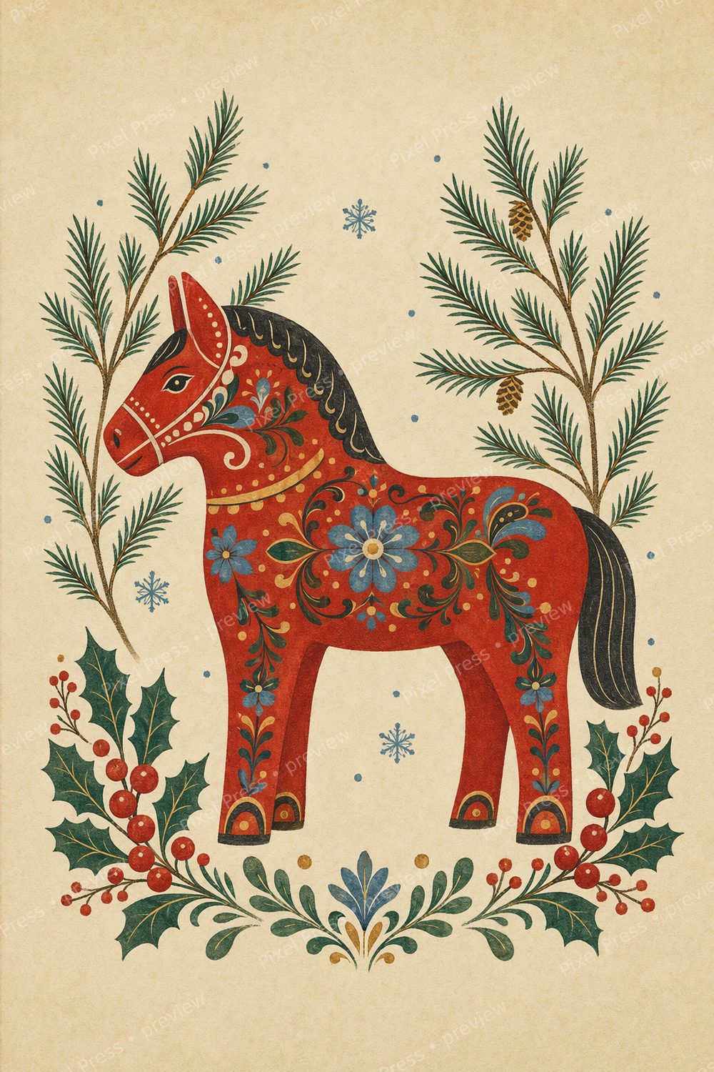Scandinavian Christmas Wall Art Printable Set, Nordic Folk Art Prints, Red Dala Horse & Winter Birds — artwork preview (watermarked)