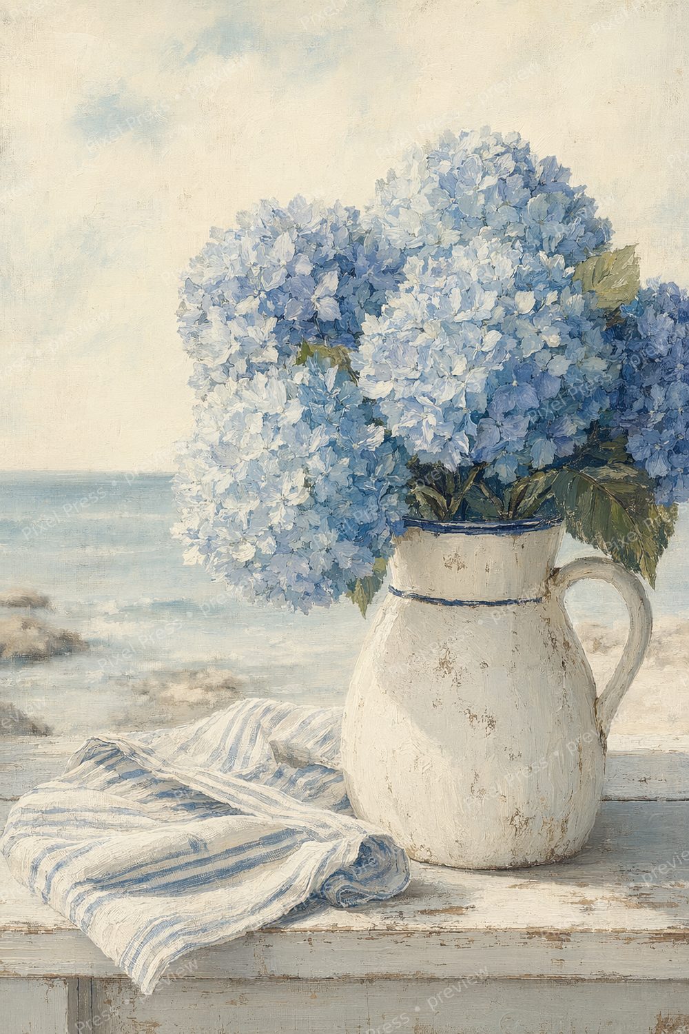 Vintage Coastal Hydrangea Wall Art Printable Set, Blue & White Beach House Decor — artwork preview (watermarked)