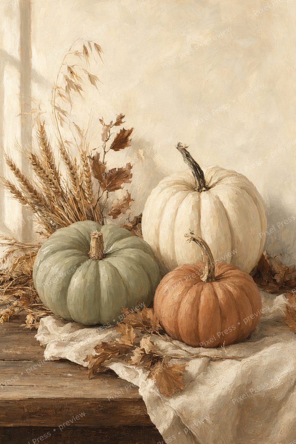 Neutral Thanksgiving Wall Art Printable Set, Harvest Tablescape Decor — artwork preview (watermarked)