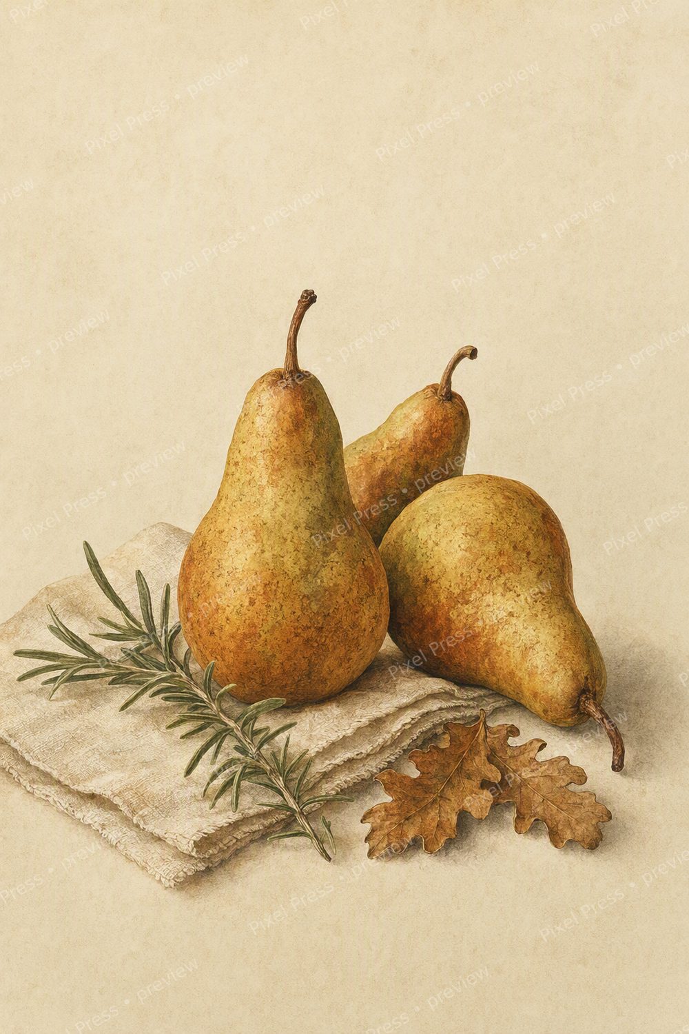 Autumn Botanical Kitchen Wall Art Printable Set, Vintage Harvest Still Life Prints, Pear Quince Copper Cookware Fall Decor — artwork preview (watermarked)