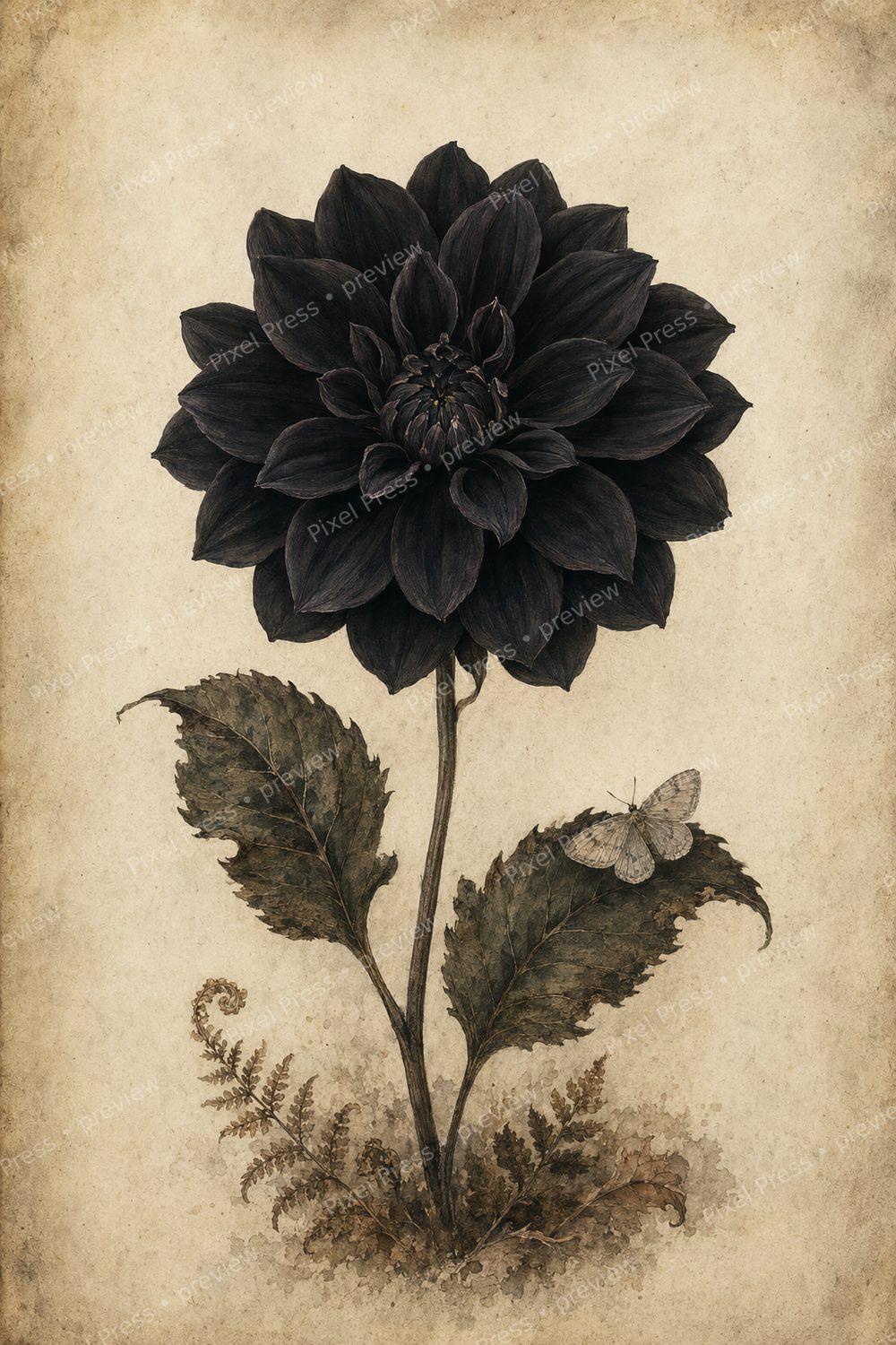 Gothic Botanical Halloween Wall Art Printable Set, Vintage Black Dahlia & Moth Gallery Wall — artwork preview (watermarked)