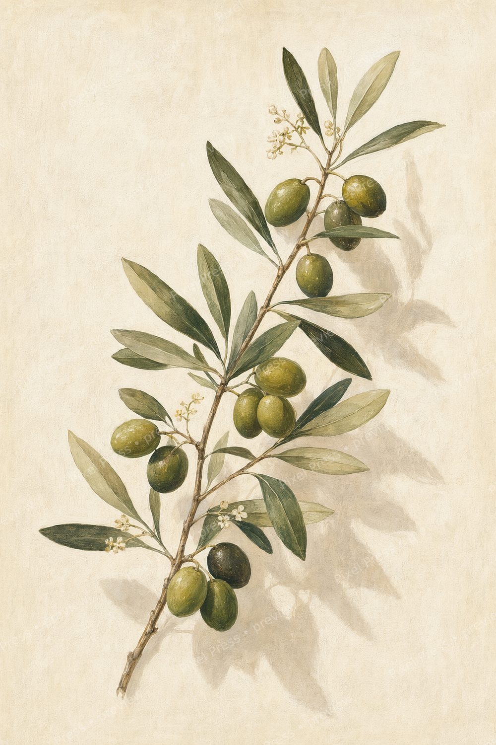 Spanish Olive Branch Kitchen Wall Art Set, Mediterranean Olive Grove Printable Decor — artwork preview (watermarked)