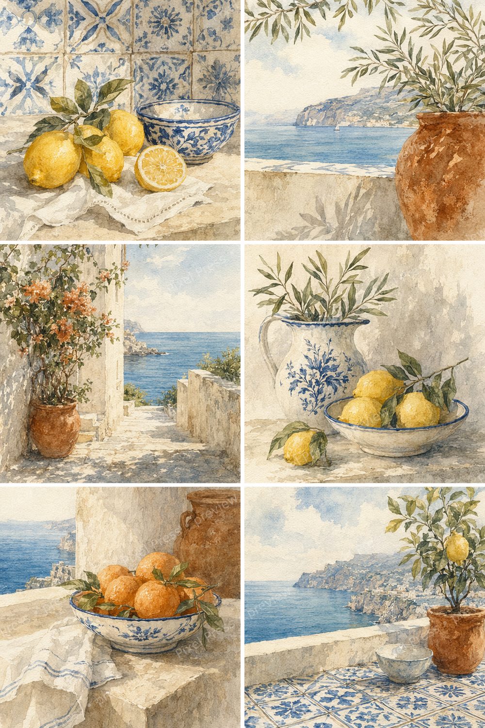 Mediterranean Lemon Wall Art Printable Set, Blue White Tile Coastal Kitchen Decor — artwork preview (watermarked)