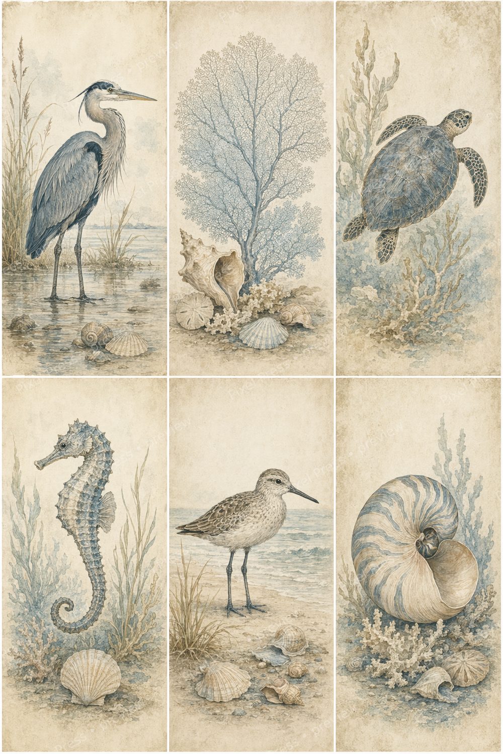 Vintage Coastal Wall Art Set, Coastal Gallery Wall Prints, Vintage Shell & Shorebird Printable Bundle, Blue Beige Beach House Decor — artwork preview (watermarked)