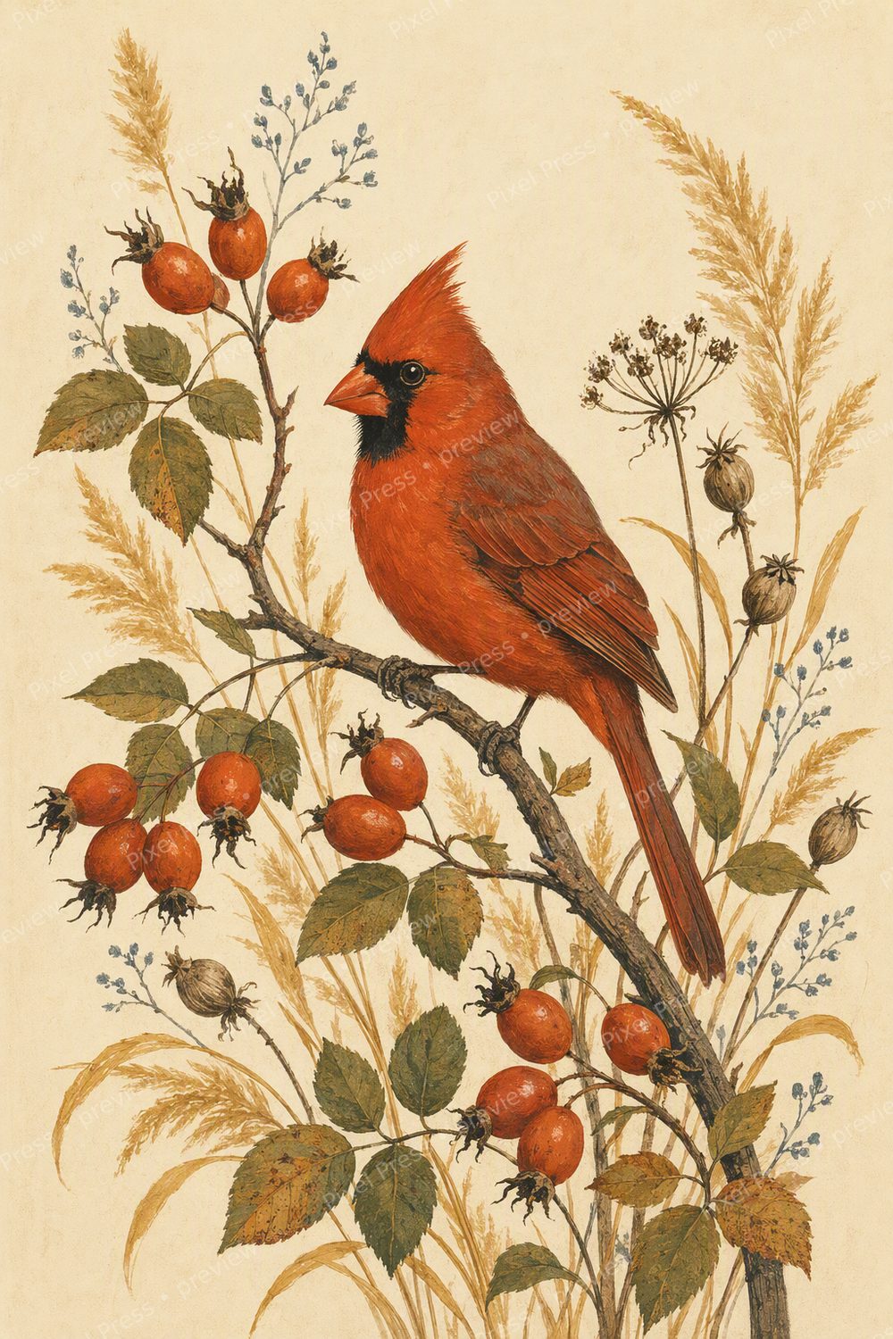 Vintage Fall Bird Wall Art Printable Set, 1970s Autumn Birdwatching Gallery Prints — artwork preview (watermarked)