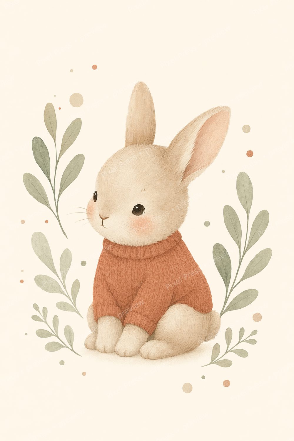 Affiche Murale Scandinave Chambre Bébé Lapin – Lot de 6 Posters Sauge Terracotta à Télécharger — artwork preview (watermarked)