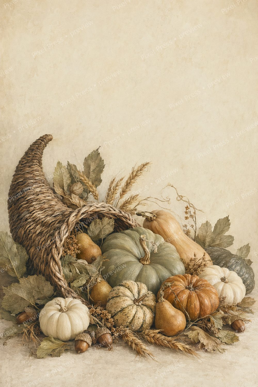 Neutral Thanksgiving Table Decor Printable Set, Cornucopia & Heirloom Squash Wall Art Bundle — artwork preview (watermarked)