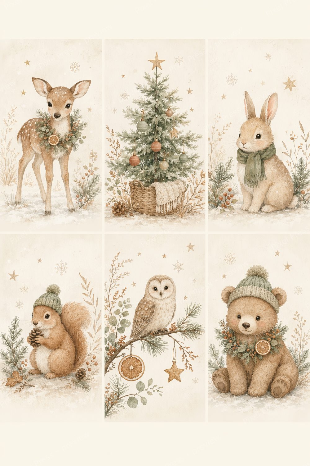 Boho Christmas Nursery Wall Art Set, Christmas Woodland Nursery Wall Art, Neutral Winter Nursery Prints Bundle — artwork preview (watermarked)