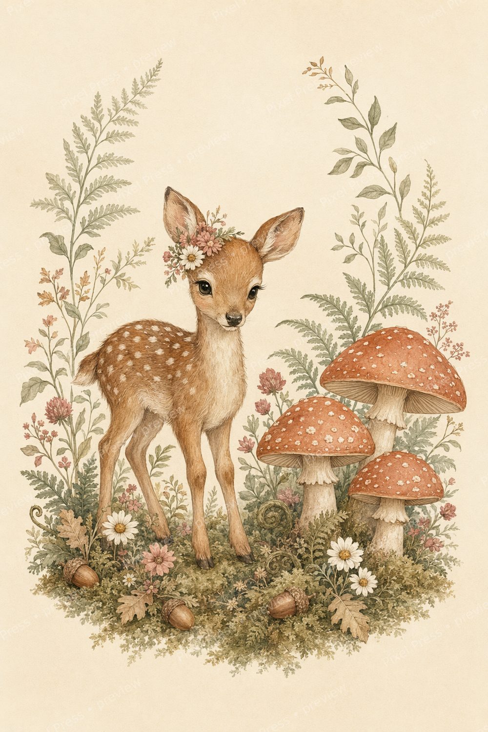 Storybook Woodland Nursery Wall Art Printable Set, Mushroom Animal Prints — artwork preview (watermarked)