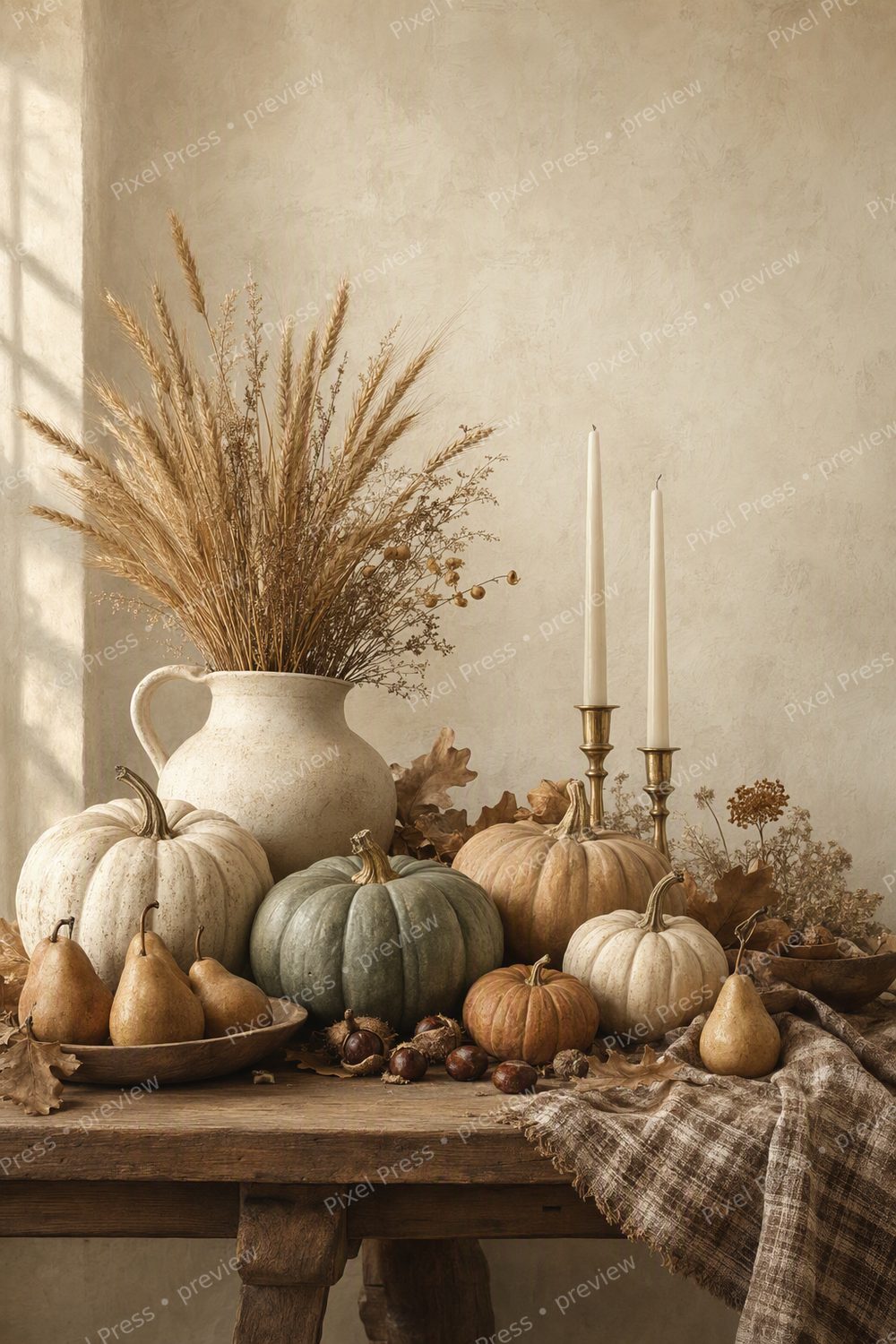 Neutral Thanksgiving Wall Art Printable Set, Harvest Still Life Decor — artwork preview (watermarked)