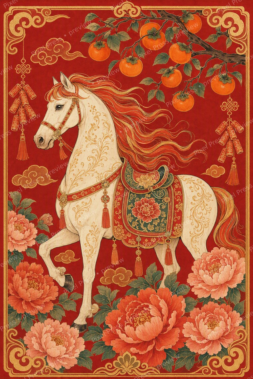 Year of the Horse Wall Art Printable Set, 2026 Lunar New Year Red Gold Horse Decor — artwork preview (watermarked)